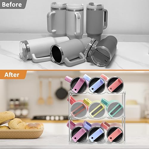 Miniatura 5 de HOMECOR Organizador de botellas de agua para vaso Stanley de 40 onzas, soporte apilable grande para botella de agua para gabinete, organizadores de