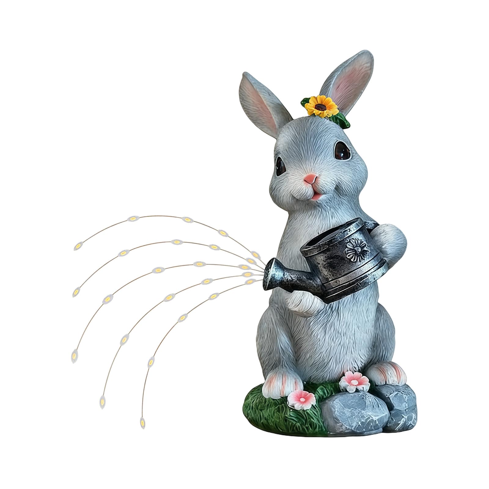 Solar Power Rabbits with Watering Can Garden Decors Light Kids Parties Decors for Outdoor Patios and Lawns Decoration Solar Garden Rabbits Light Gathering Decoration Resin with Watering Can Ornament