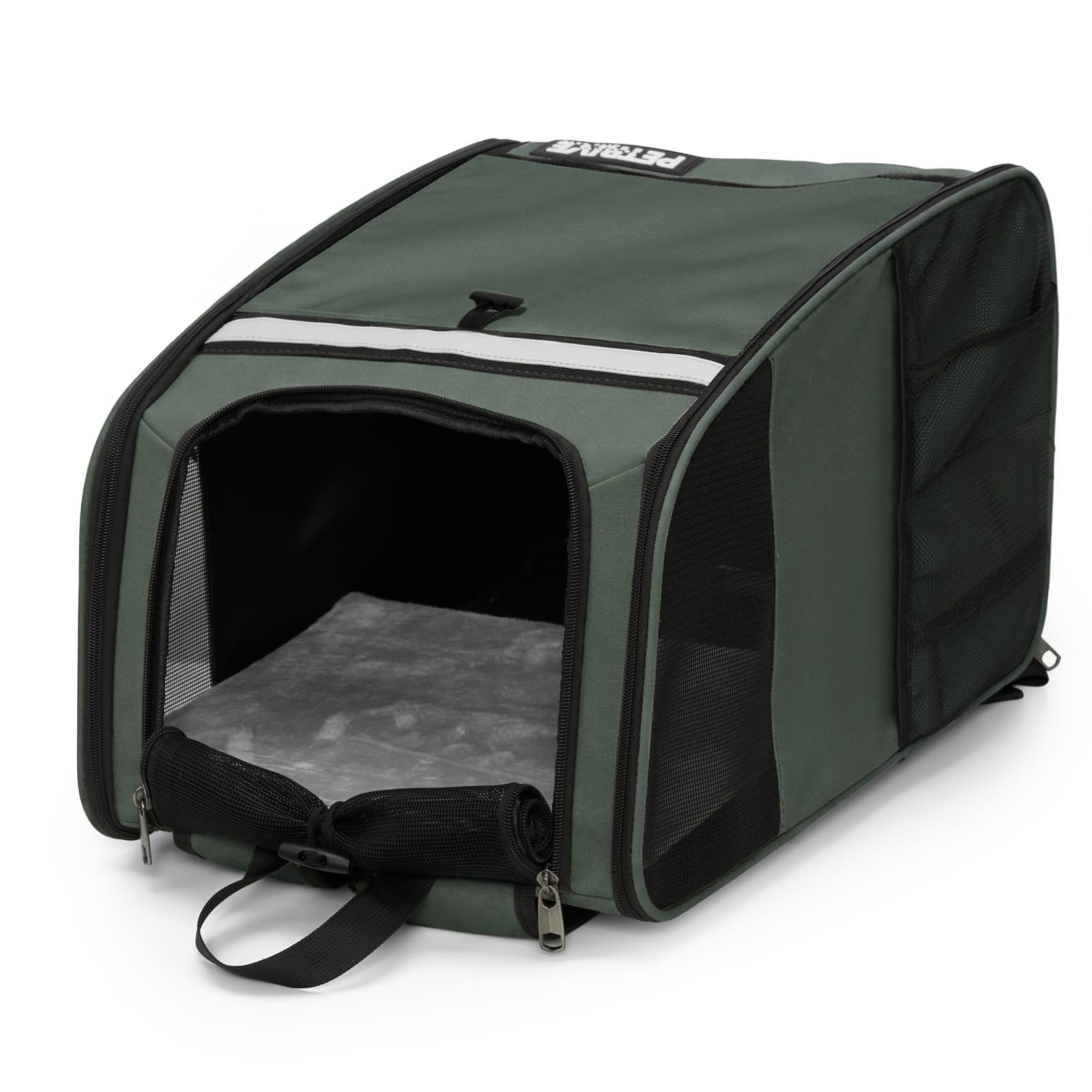 PETRIVE Haustier Rucksack für Katzen und kleine Hunde, erweiterbar, faltbar, mit verstärktem Netz und stabilem Boden, Leichter Transport-Rucksack für Reisen, Spaziergänge und Tierarztbesuche (Grün)