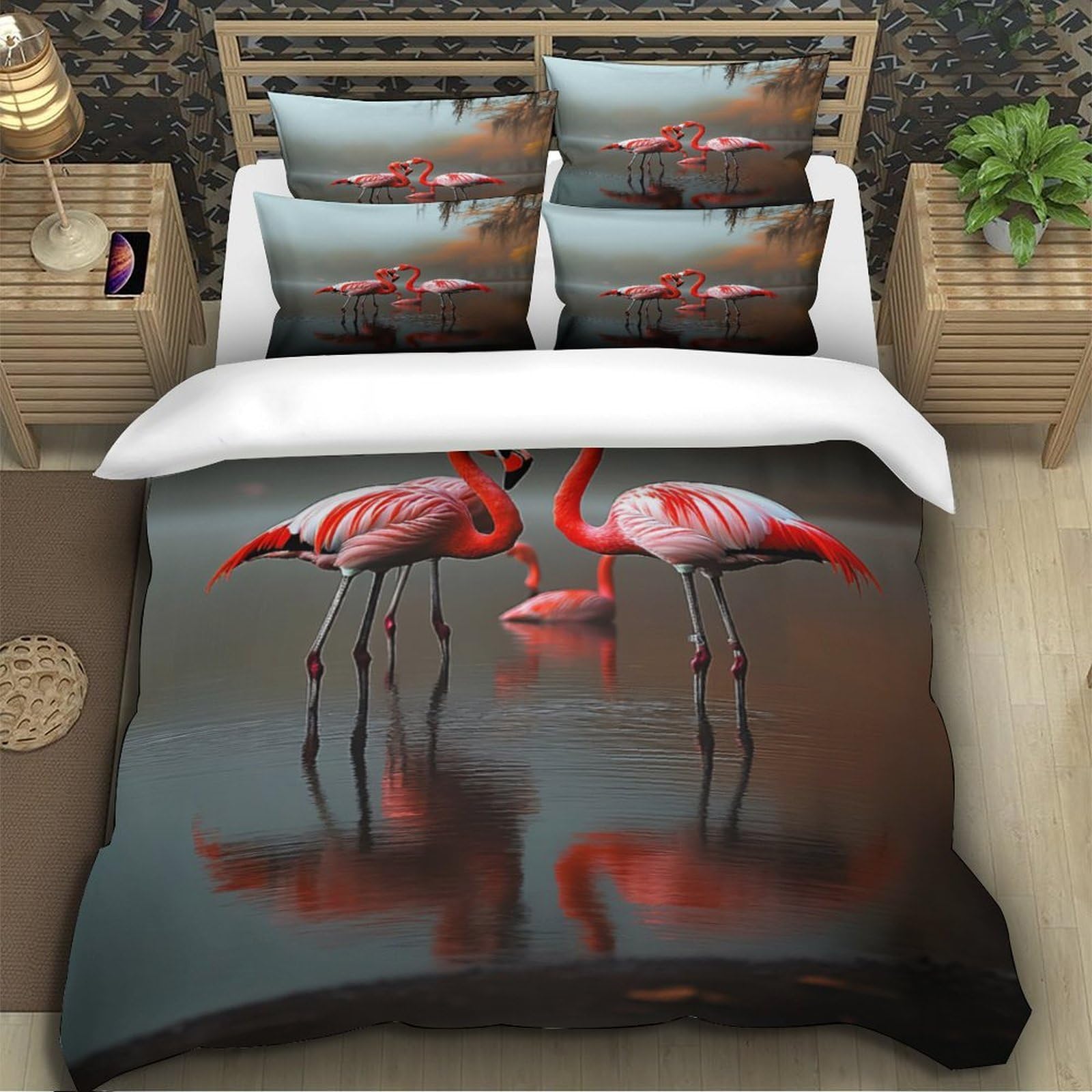 Flamingo-Pärchen 3D-Druck 3er-Set Bettbezug Romantische Naturszene Bettdeckenbezug Mikrofaser Staubmilbenfest Atmungsaktiv für Kinder Jungen Erwachsene Super King（260x220cm）