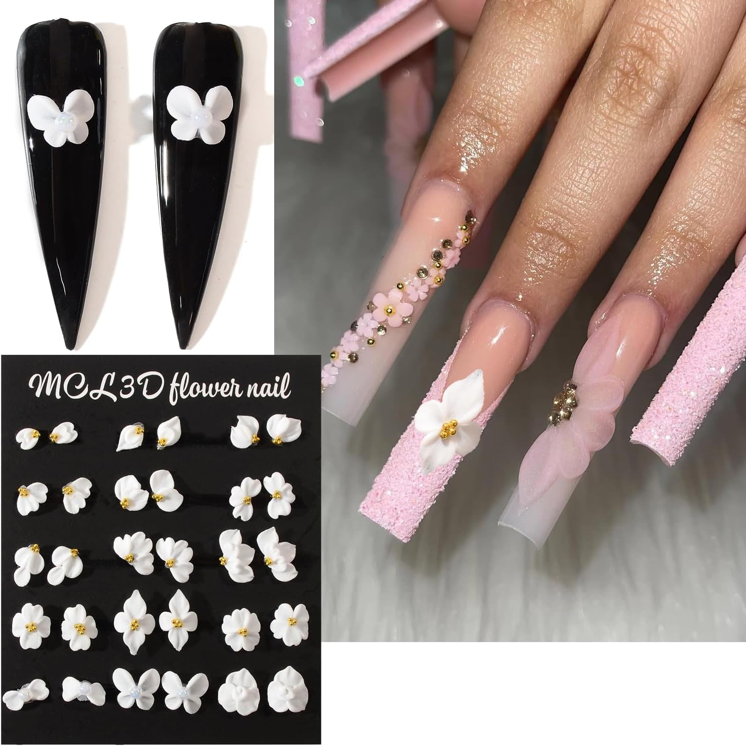 3D Flowers Nail Art with Handmade Flowers; White Acrylic Floral Nail Art Accented with Gold; 3D Floral Nail Art Accessories; Spring Nail Art Supplies for Women