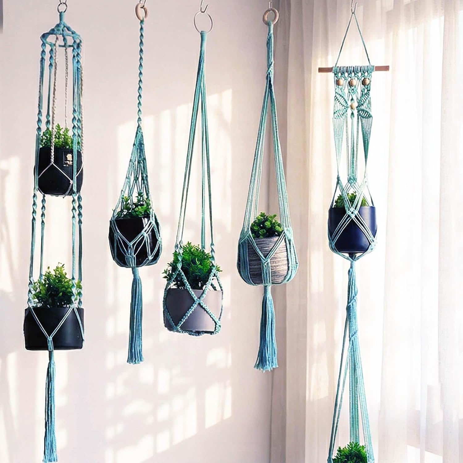 5 Packs Bohemian Macrame Plant Hangers, Handmade Cotton Rope Hanging Basket for Flower Pot, Indoor Hanging Planters for Balcony/Indoor Decoration, Boho Home Decor, Multiple Designs (Mint Blue)