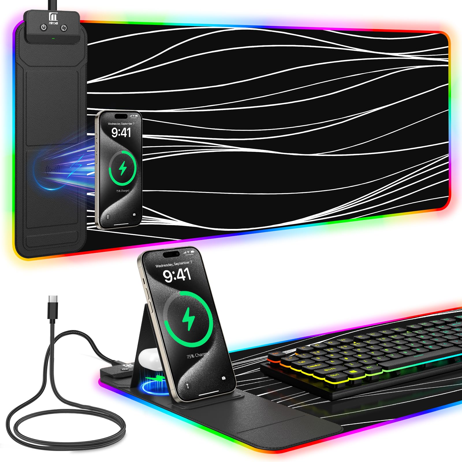 Mouse Pad with Foldable Phone Holder &amp; Wireless Charger, XL RGB Gaming Mousepad 31.5"x11.8" Large Desk Mat for Keyboard, Home Desk Pad with Dual Qi Charging Station | 11 Colors &amp; 5 Modes | Waterproof
