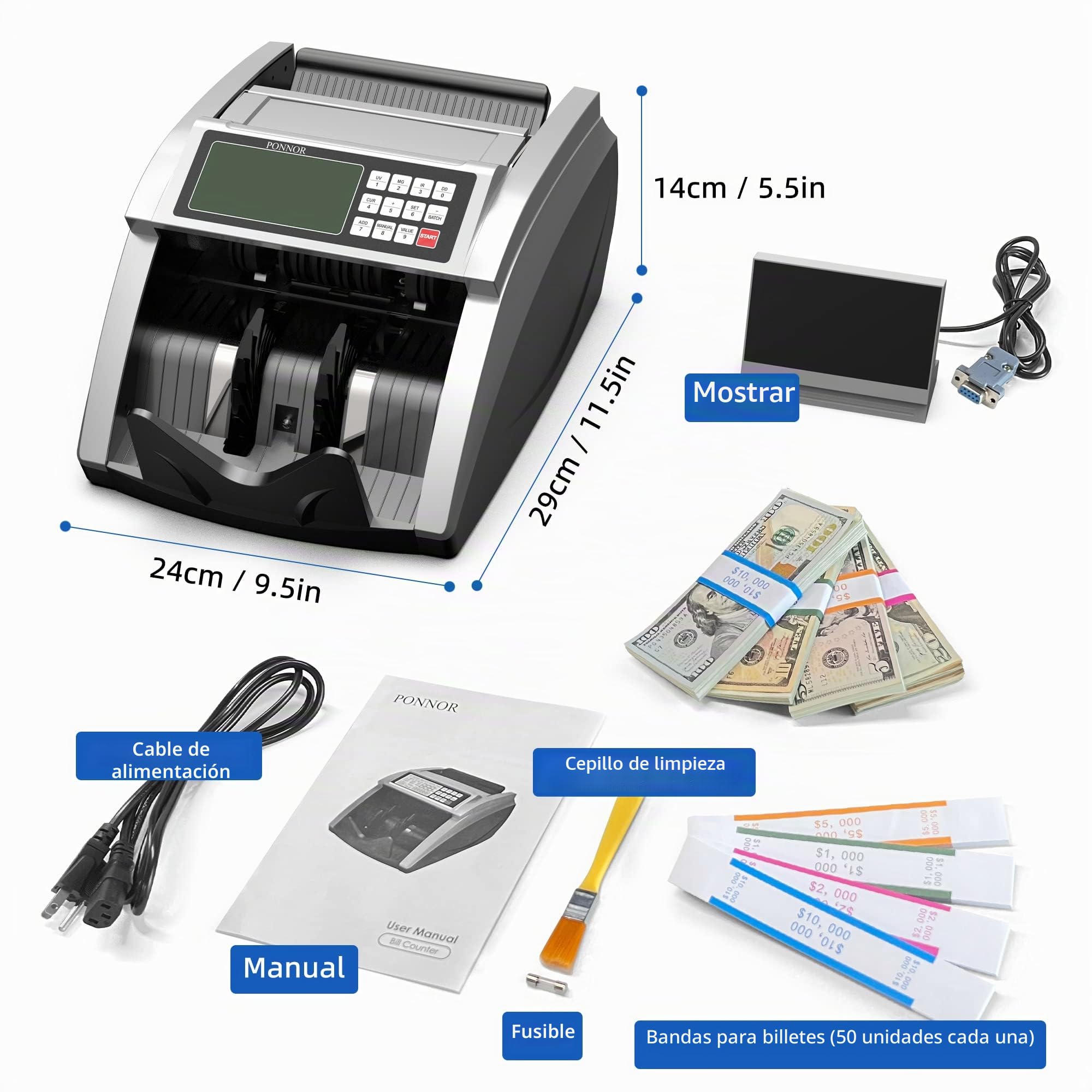 PONNOR Máquina contadora de dinero con contador de billetes de valor, contador de efectivo para dólares, euros con detección de billetes UV/MG/IR/DD/DBL/HLF/CHN, modo añadido/bat/valor con pantalla