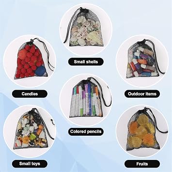 5 PCS Mesh Bags Drawstring, Swimming Net Bag, Mesh Drawstring Bag, Mesh Storage Bags, For Kitchen, Jewelry, Toys, Gifts, Wedding Favours, Home (Black)