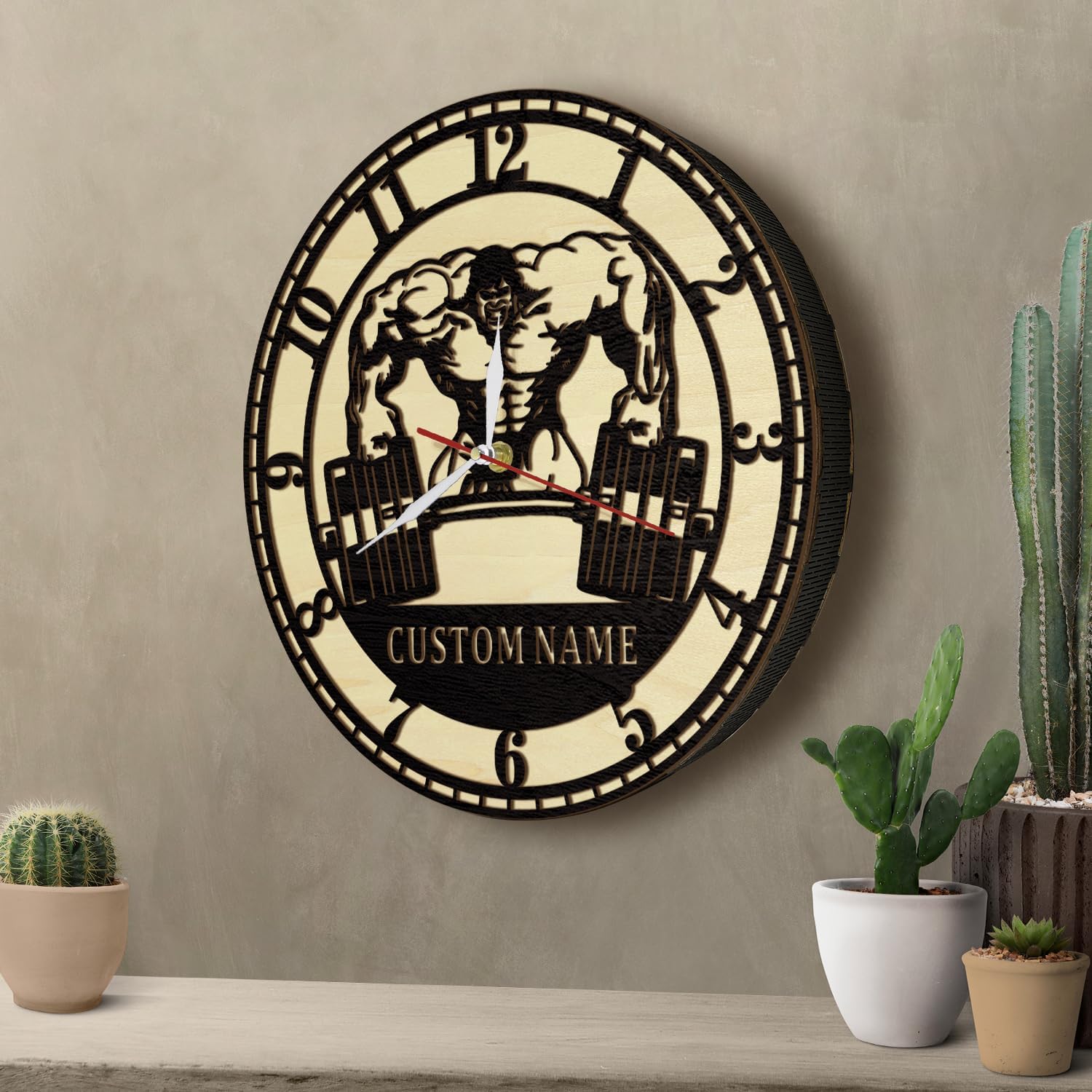 12 Inch Gym Wall Clock Personalized Name, Custom Barbell Weight-Lifting Workout Wood Wall Clock Silent Non Ticking Battery Operated Wooden Gym Clocks for Home Gym Fitness Room Fitness Center