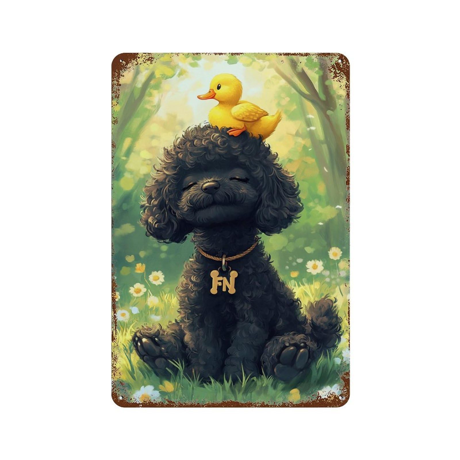 Aged Metal Wall Plaque with Black Poodle with Yellow Duckling -1 Design 11.8"x7.9", for Shed, Workshop And Garage Wall Decor, Decorative Metal Wall Art