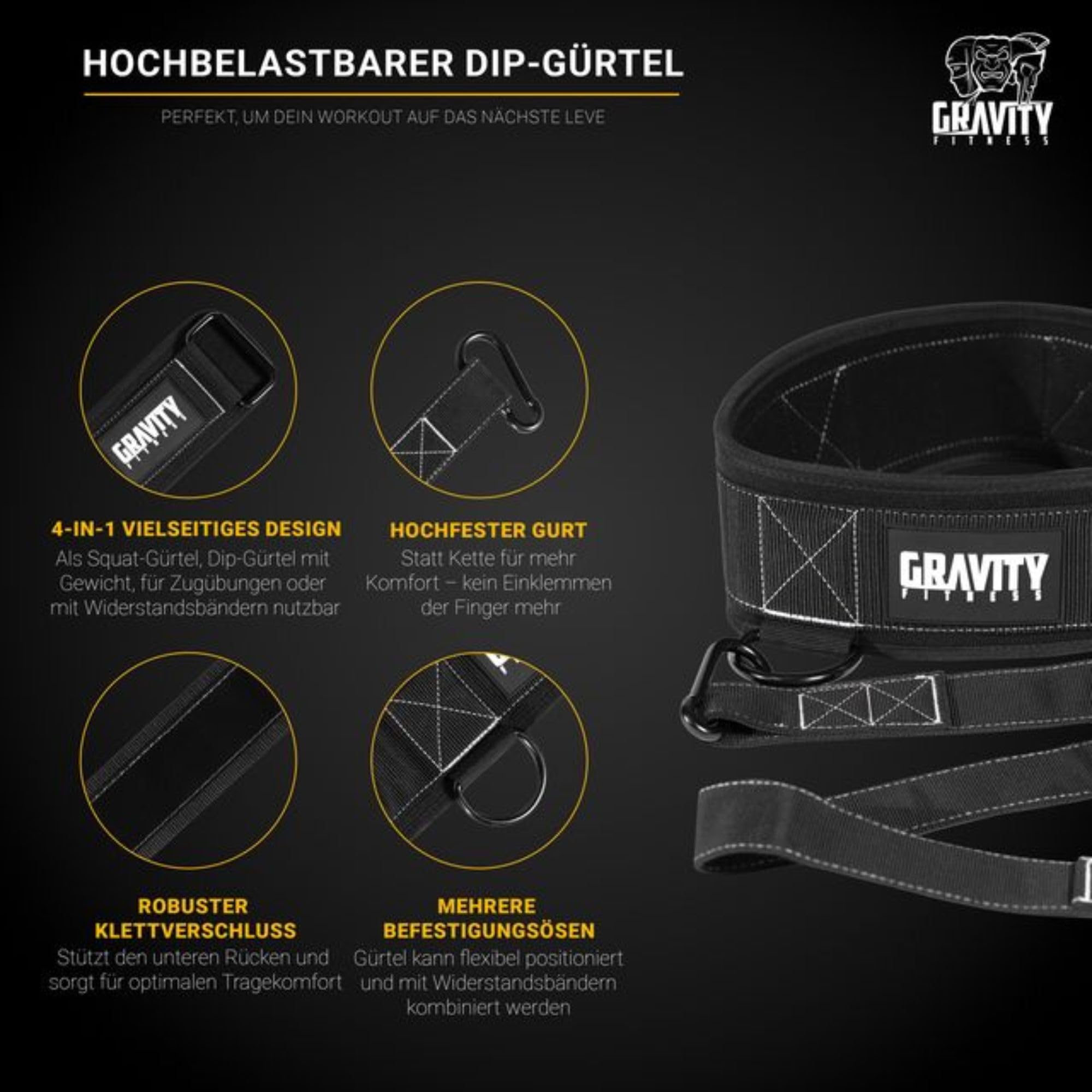 Gravity Fitness 4-in-1 Gewichthebergürtel für Fitness & Calisthenics – Schwerer Dip Gürtel aus Nylon für Kniebeugen, Klimmzüge, Sled Pull, Krafttraining, Widerstandstraining