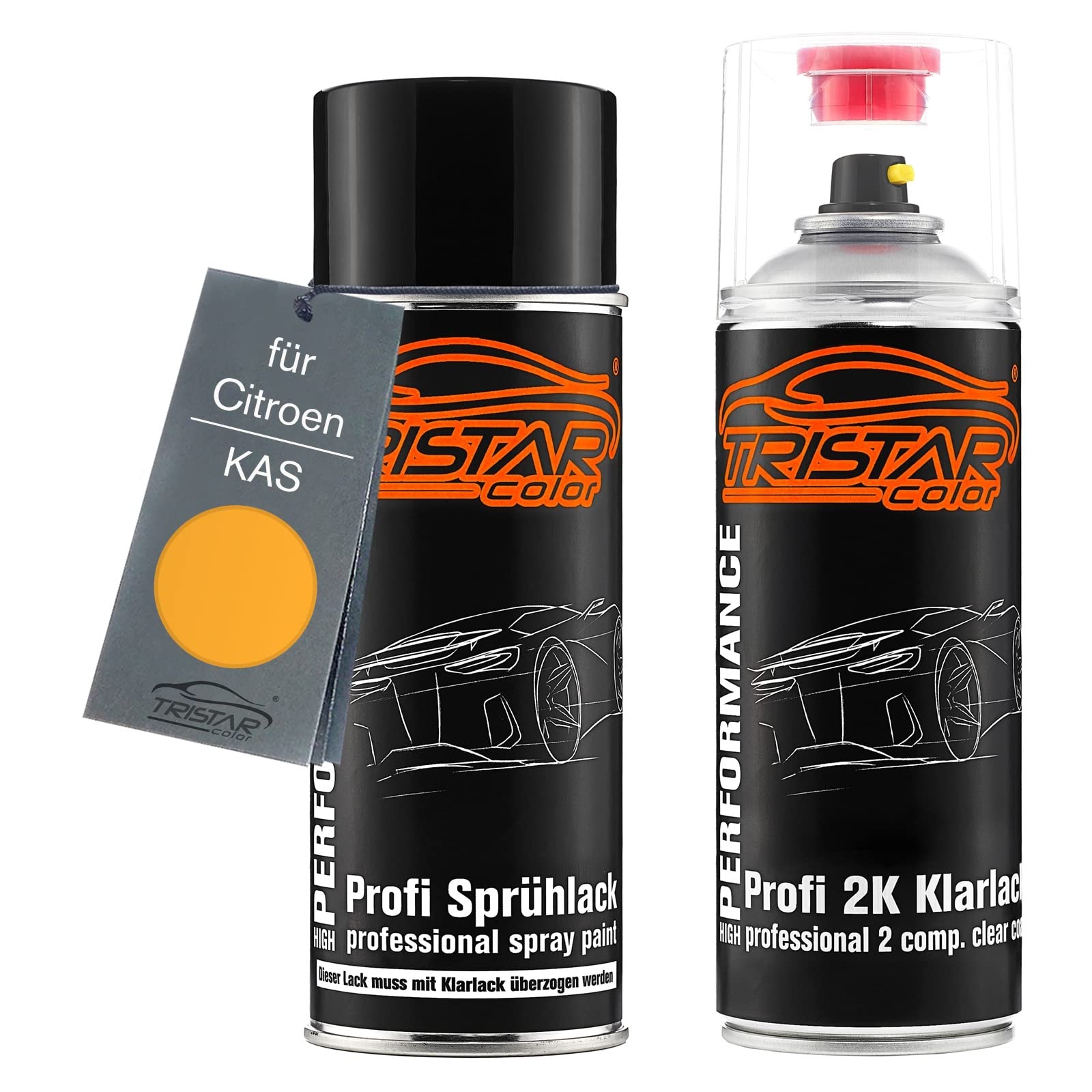 Tristarcolor Jaune Pegase Car Paint 2K Spray Can Set For Citroen Kas /Pegase Gelb Base Coat 2K Clear Coat Spray Can