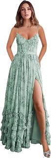 Floral Print Bridesmaid Dresses Spaghetti Straps Prom Dress Ruffles Chiffon Formal Evening Gowns with Slit