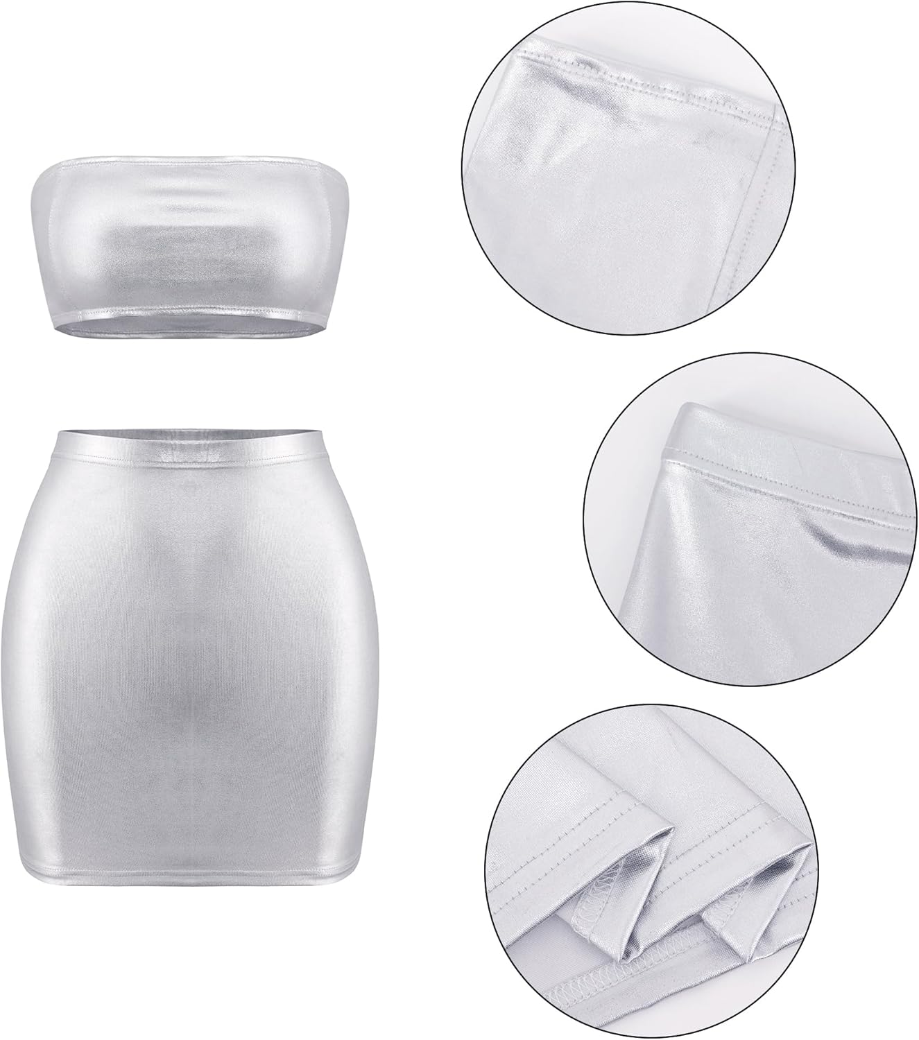 Vimoisa Women Sexy Shiny Metallic Silver Off Shoulder Tube Top Crop Vest Short Skirt Set Two Piece Outfit Suit - Image 2