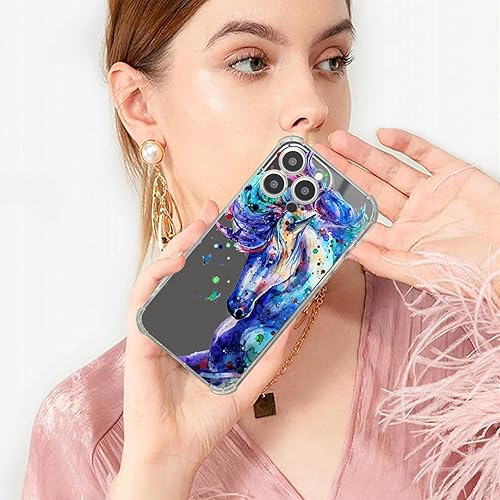 Vista 305 de Roemary Funda púrpura para iPhone 14 Pro Max con diseño de caballo azul, patrón de acuarela con protector de pantalla
