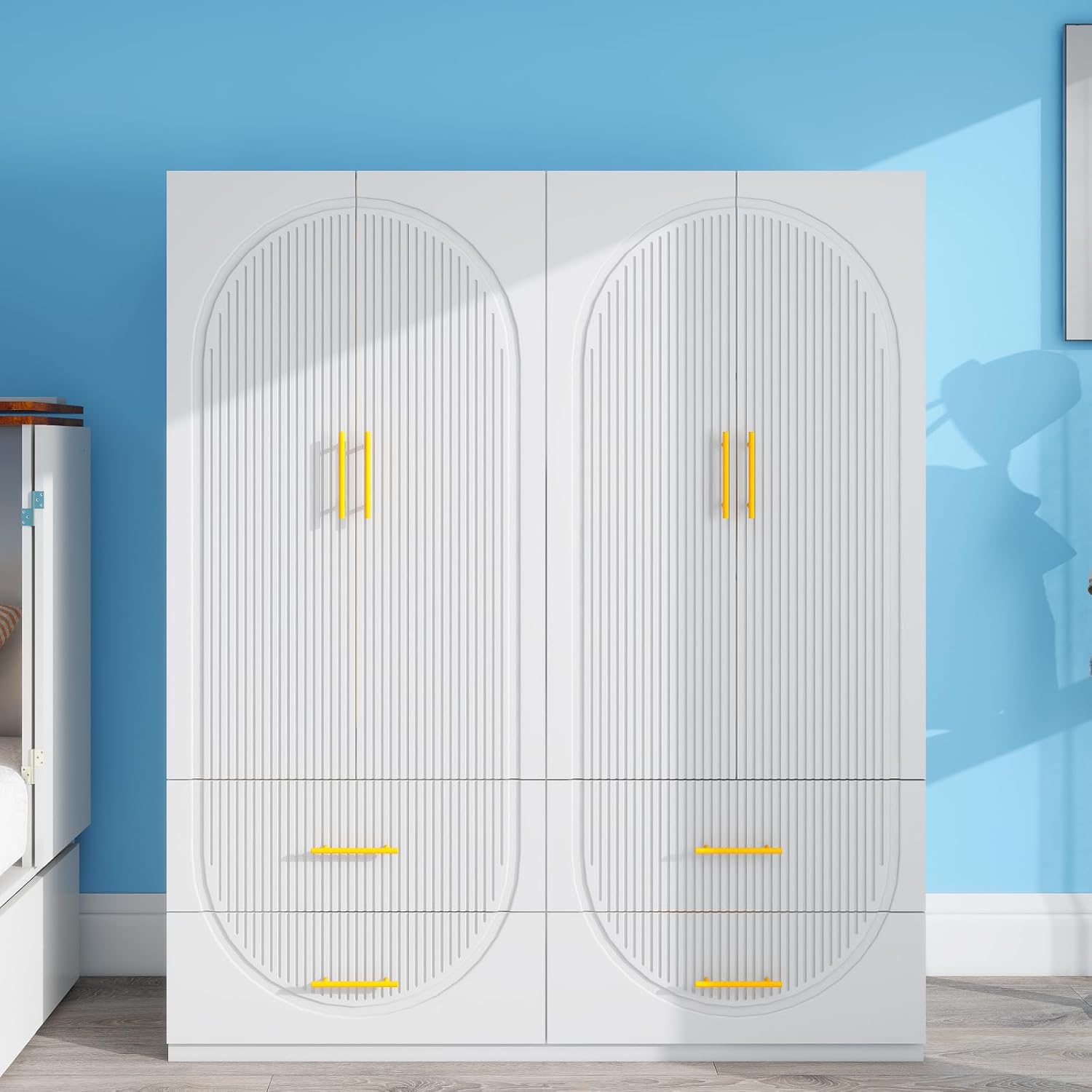 Wardrobe Closet with Doors- 4 Door Wood Wardrobe Bedroom Closet with Clothing Rod Inside Cabinet, 4 Drawers for Storage, Bedroom Armoire Wardrobe Closet，63" L x 20.4" W x 74.2" H