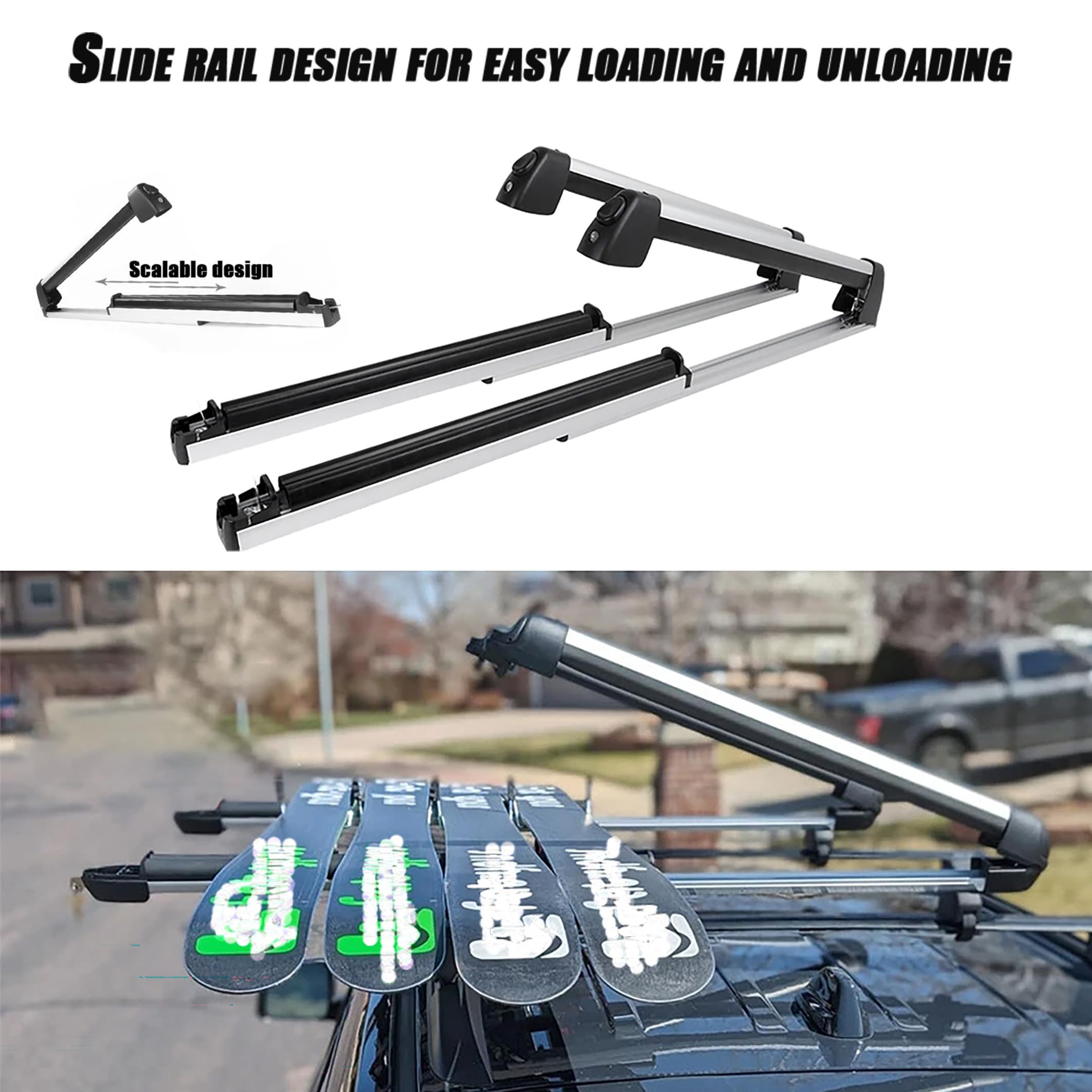 Portaequipajes/Portaesquís para Coche, Paquete De 2 Unidades con Extensión Deslizante, Cerradura Antirrobo, También Puede Sujetar Cañas De Pescar, Apto para La Mayoría De Barras Transversales