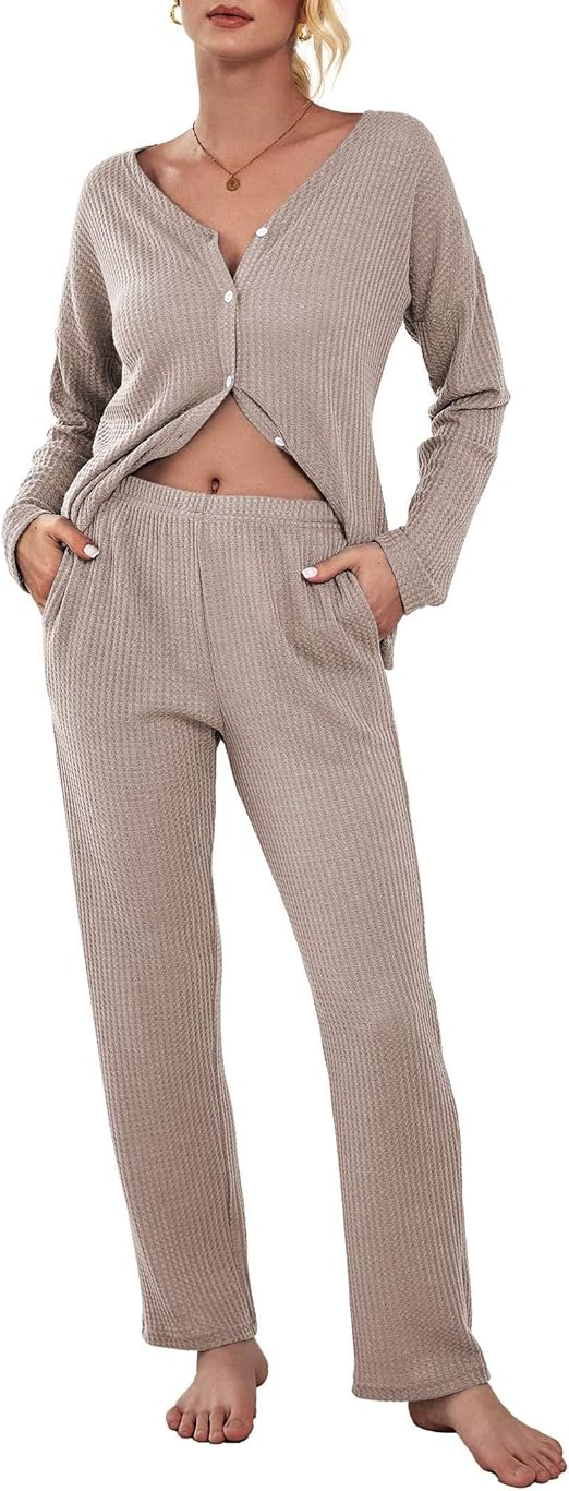Ekouaer Womens Waffle Knit Pajamas Loungewear Two-piece Sleepwear Button-Down Pj Set with Pockets