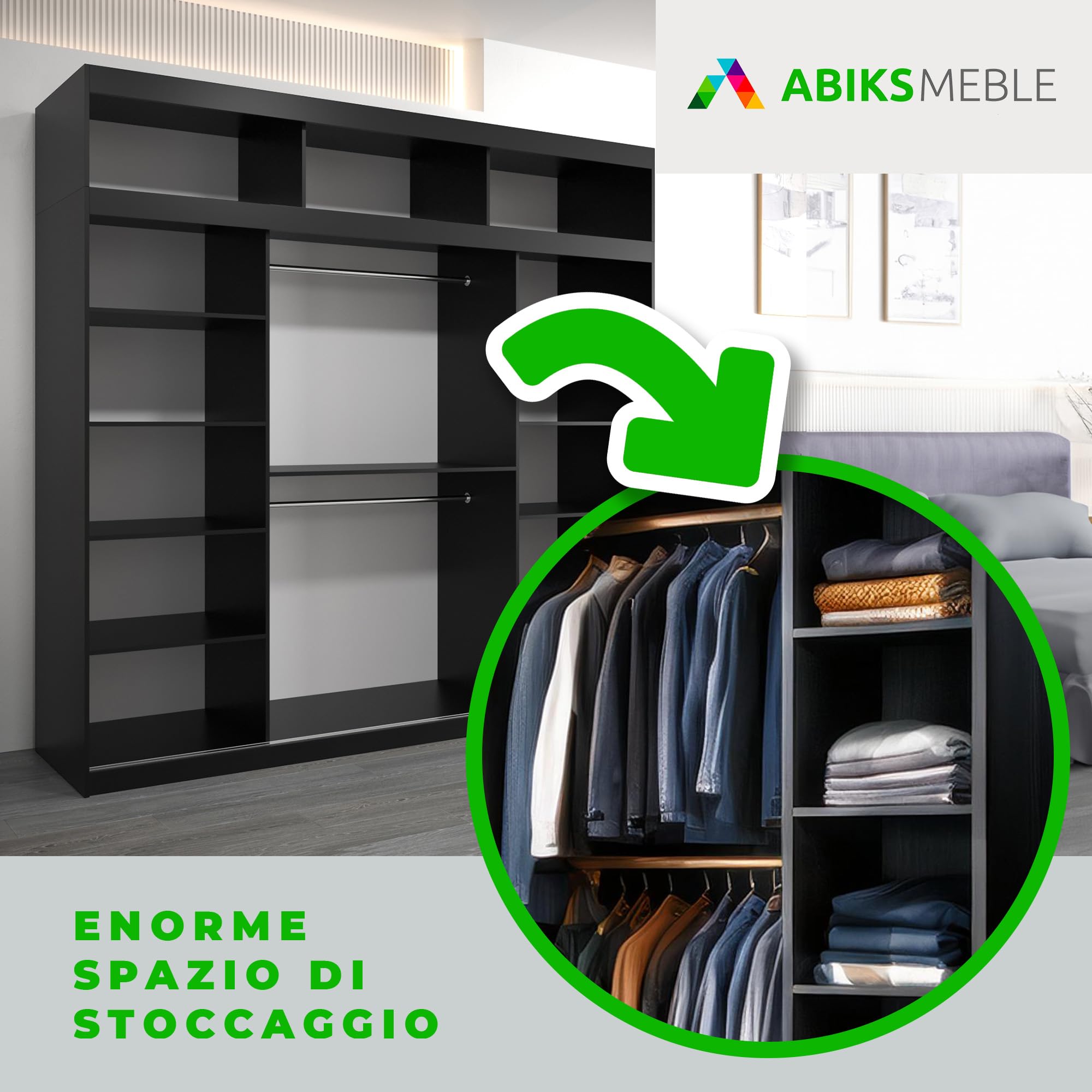 Armadio 250x223h cm con due ante scorrevoli bianco lucido rovere e specchio - Alen