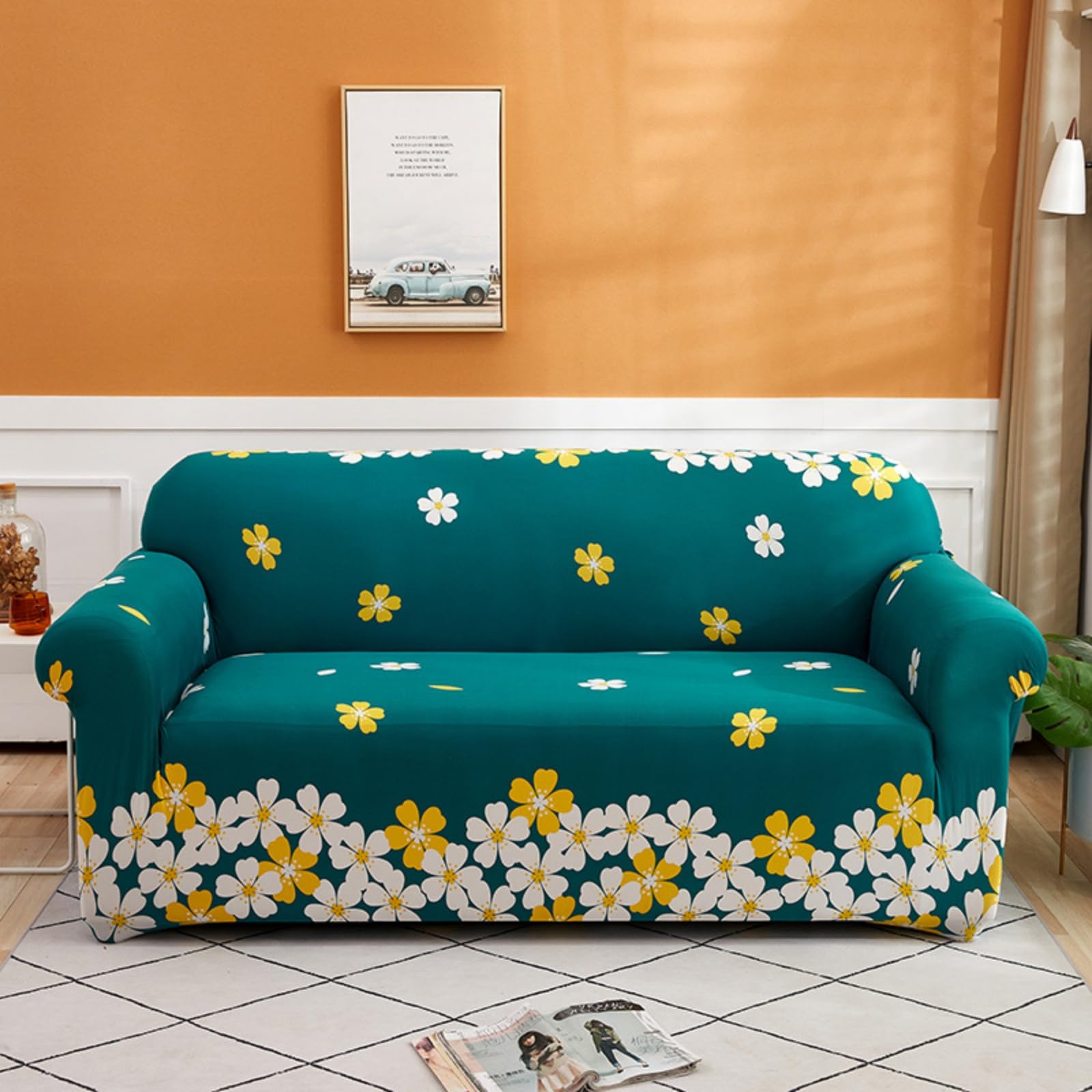 Hiseng Sofa Cover 1-4 Seater, Stretch Sofa Cover with Patterned and 1 Pillowcase Washable All-Inclusive Sofa Slipcovers, Couch Slipcovers for Living Room, Bedroom (Green-Gold Floral,3-Seaters)
