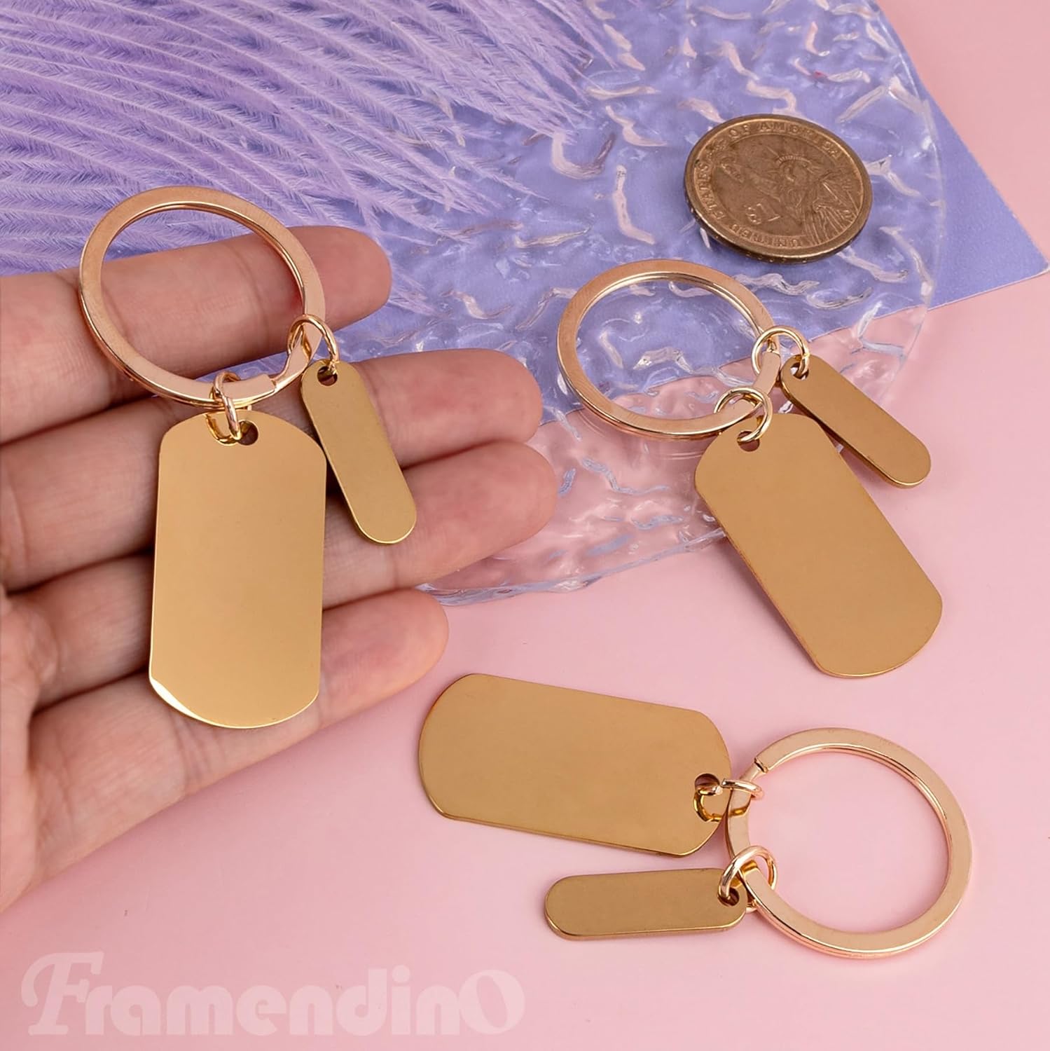Framendino, 30 Pack Engravable Metal Keychain Stamping Engraving Stainless Steel Blank Key rings for DIY Craft (Gold)