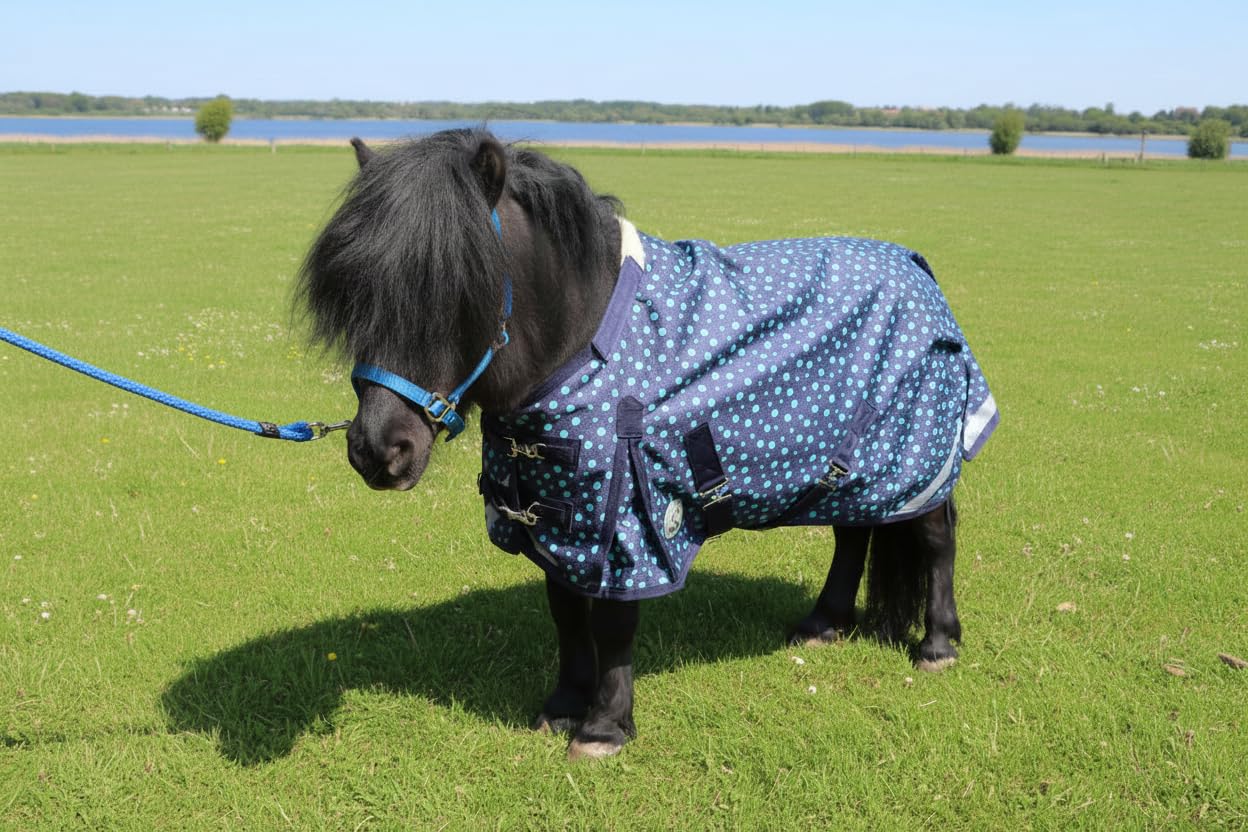 Ruggles Lightweight No Fill Turnout Rug for Shetland Pony Donkey Section A Miniature Horse | Breathable Teflon Coated Outer | Ideal for Warmer Shower Days (Aqua Spot, 3' 3")