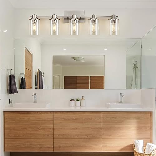 Miniatura 6 de DUJAHMLAND Lámpara de baño, 5 luces de níquel cepillado sobre espejo, luz de tocador con pantalla de vidrio transparente, iluminación de tocador de