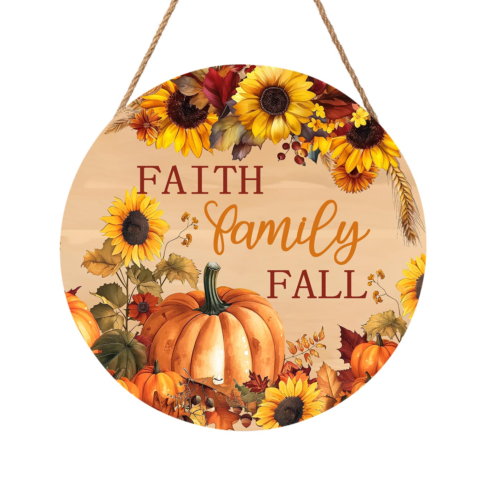 Faith Family Fall Front Door Sign Fall Sunflower Pumpkin Door Decorations Wood Sign Autumn Harvest Wreath Door Hanger Farmhouse Fall Plaques Wall Hanging Decoration for Home Proch Yard 12"x12"