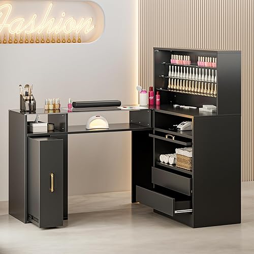 Mesa de manicura en forma de L con estantes, estación de mesa de uñas con parte superior de cristal, resistente a acetona, con cajones de