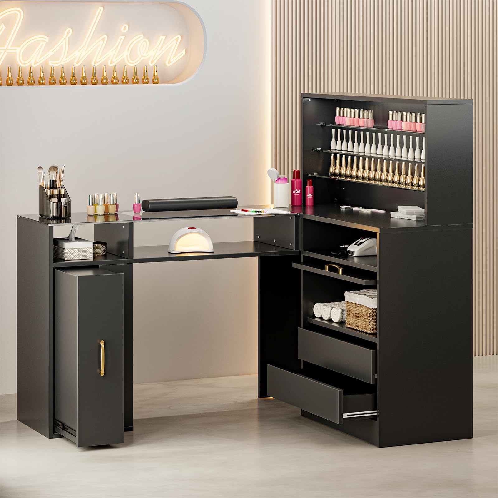 Belandi L-Shaped Manicure Table with Shelves, Glass Top Nail Table Station Acetone Resistant w/Storage Drawers, LED Lights, Cabinet, Wrist Cushion &