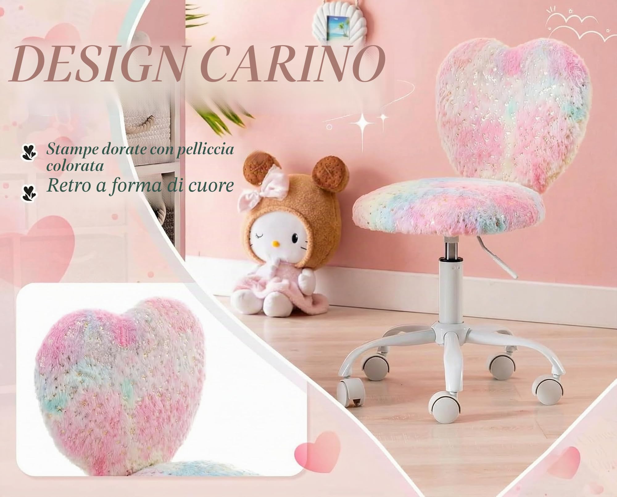 chairus Sedia da Scrivania per Bambina in Pelliccia Sintetica Sedie Girevole ad Altezza Regolabile Sedia Studio con Schienale a Forma di Cuore per Studio/Cameretta, Colorato
