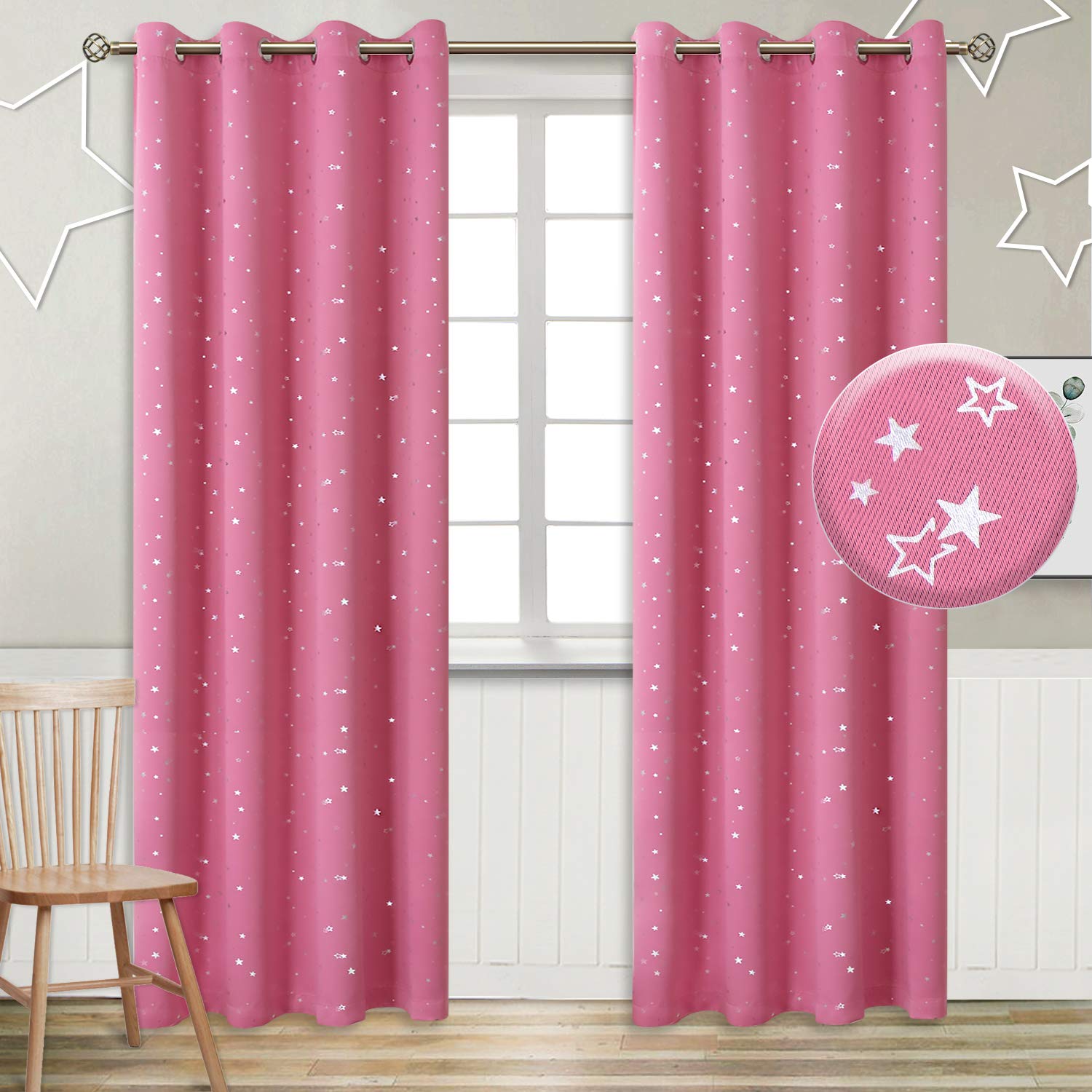 BGment Kids Blackout Curtains for Bedroom - Grommet Thermal Insulated Silver Star Print Room Darkening Curtains for Living Room, Set of 2 Panels (55 x 96 Inch, Pink)