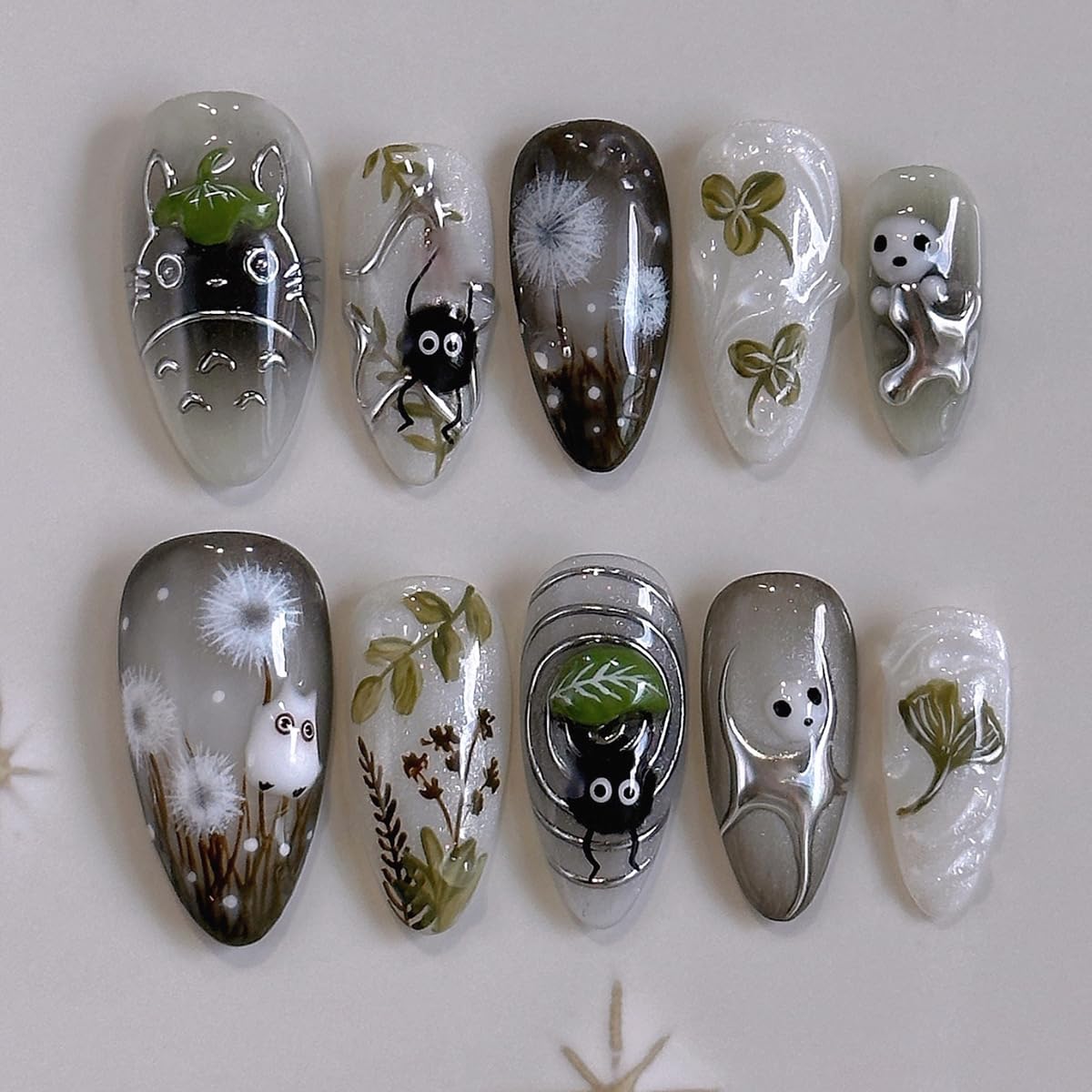 24 Pcs Clear Smudge Press on Nails Short Almond,MINGCHUN Fall Winter Fake Nails Press ons Acrylic Nail Art Tips Kit Full Cover False Nails Glue on Nails with Dandelion Plant Spirit Design for Women
