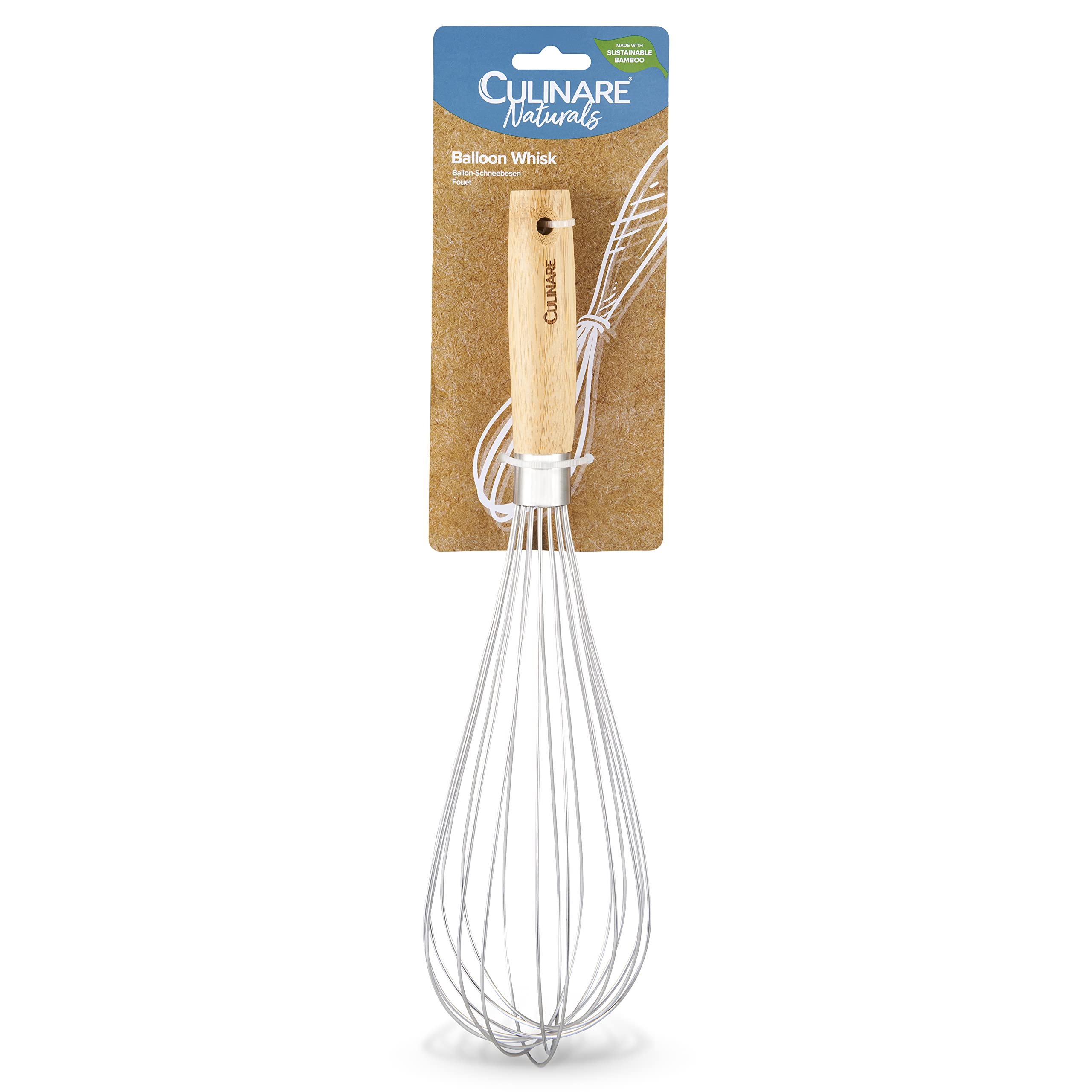 Culinare Naturals Frusta, Sostenibili Bambù, Acciaio Inossidabile, 34cm x 9cm, Sbattitore Manuale da Cucina