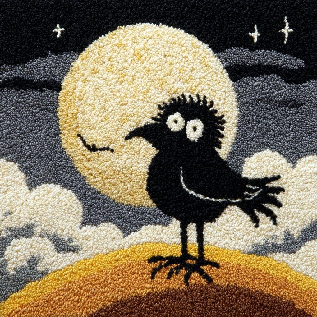 Henypt Latch Hook Cushion Making Set 17x17in,Crows on the Moon Beginner Friendly DIY Needlecraft Craft Kit for Adults,Ideal for Sofa & Bedroom