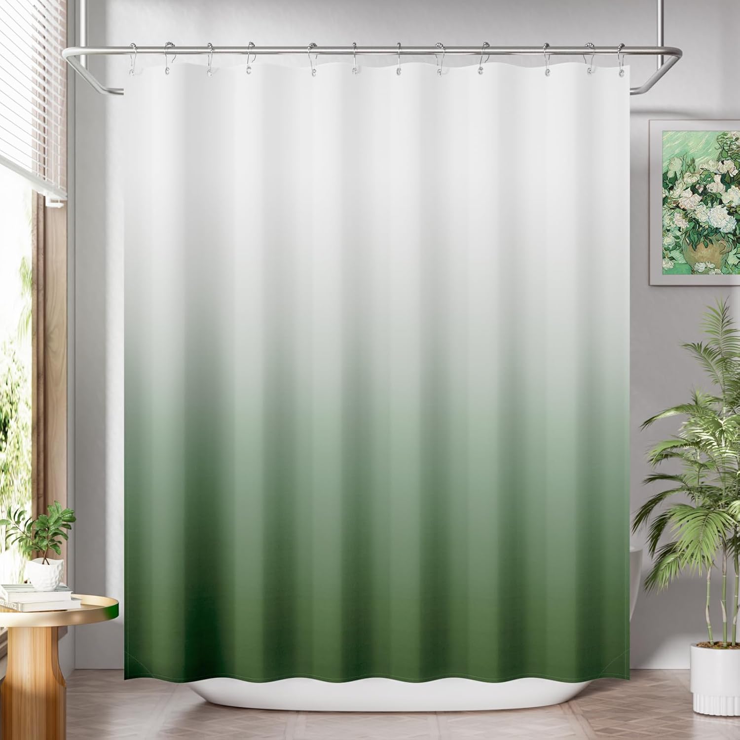 AmazerBath Fabric Shower Curtain Set, Ombre Grass Green Curtain with 12 Curtain Hooks, Rustic Cloth Green and White, Cute Washable Bathroom Shower Curtain, 72x72 Inches A- Green Ombre +12 Metal Hooks 72"W x 72"L (Pack of 1)