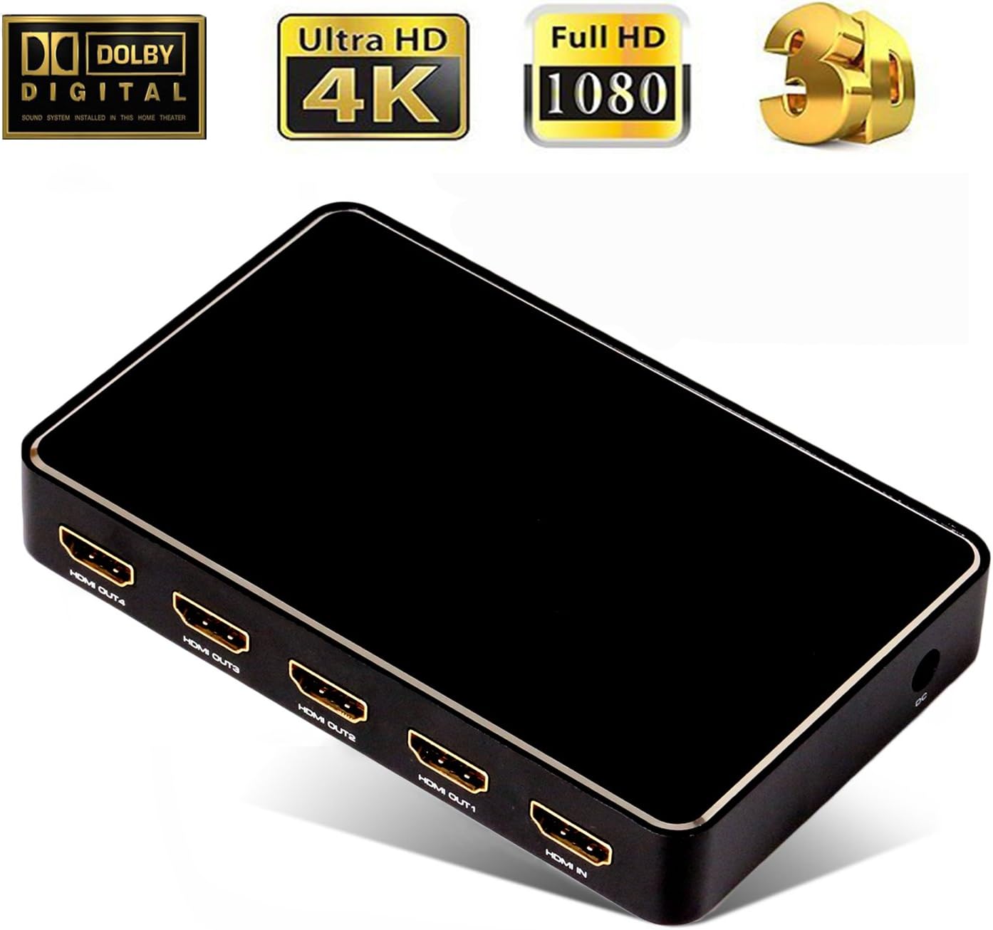 HDMI 2.0 1x4 Splitter with USB Charge 1 in 4 Out 4k x 2k@60Hz with 12bit Y CBCR 4:2:0 for Pojector HDTV Office PS3 Somatic Game Dolby DVD Dull Polish Black