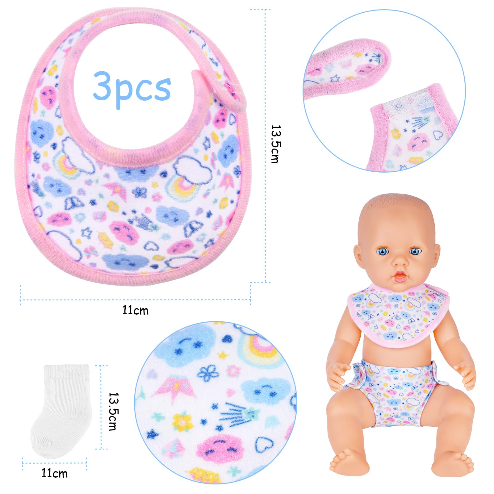 Aolso Bavaglini e Pannolini per Bambole, Set di 9 Accessori per Bambole Bavaglini e Pannolini in Tessuto per Bambole, Calzini per Bambole, Lavabile, Riutilizzabile, Idee Regalo per Bambini