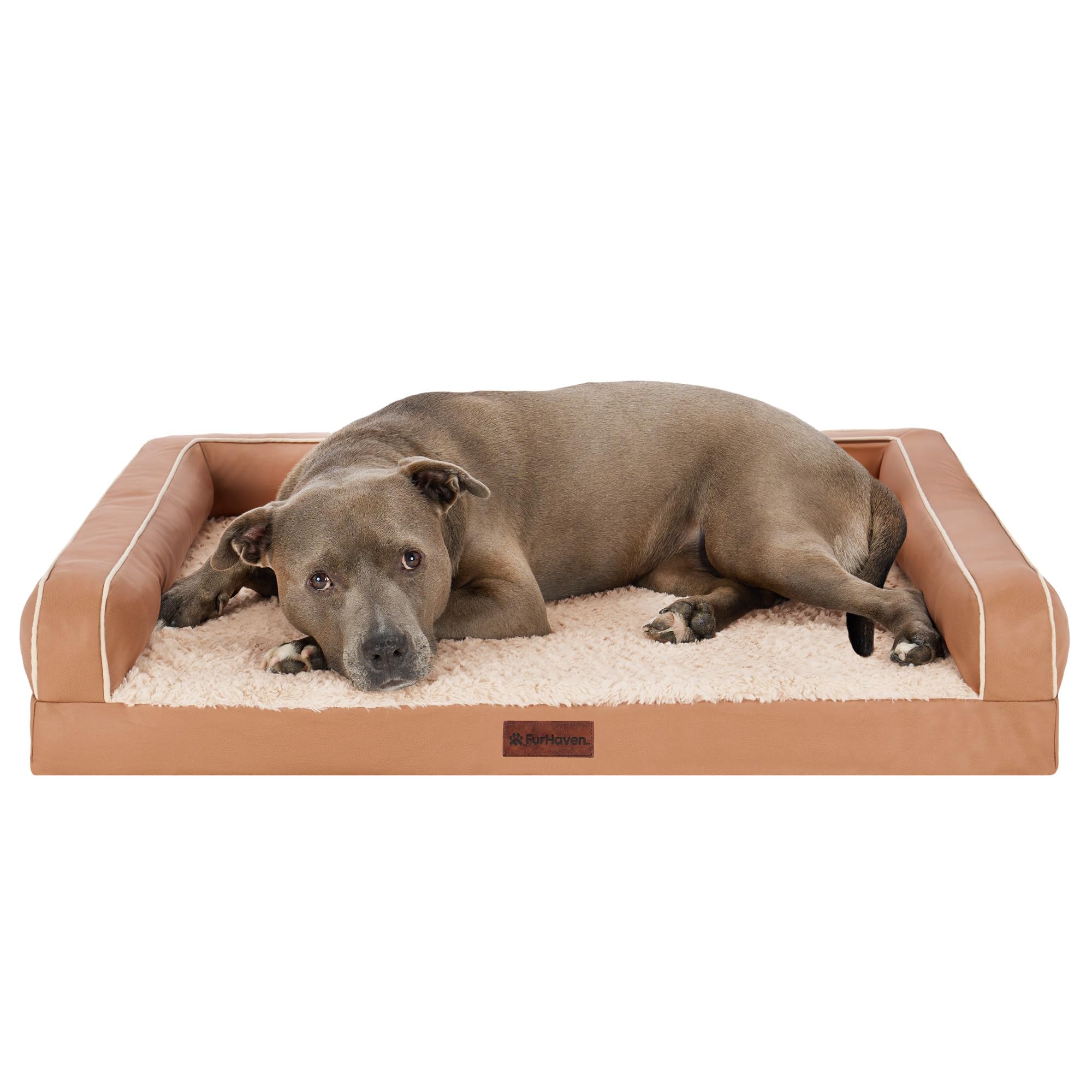 Furhaven Orthopedic Dog Sofa Bed – Memory Foam Couch with Bolsters, Textured Plush & Water-Resistant Cover, Washable Cover, Joint Support - Camel, Large