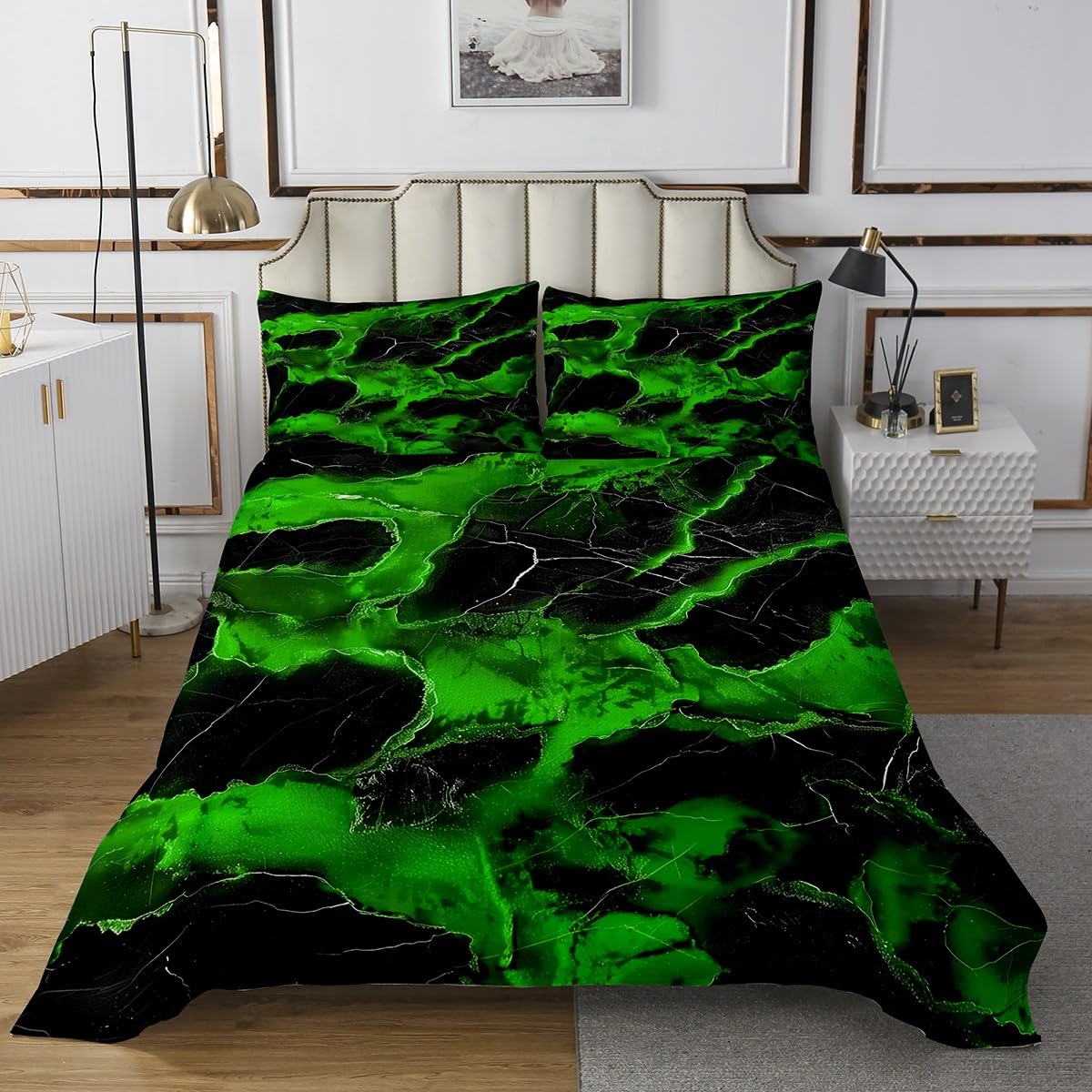 jejeloiu Boys Girls Green Marble Bedspread King Size, Modern Marble Aesthetic Coverlet Set Retro Watercolor Artwork Design Quilted Coverlet Kids Teens Bedroom Decor 3Pcs