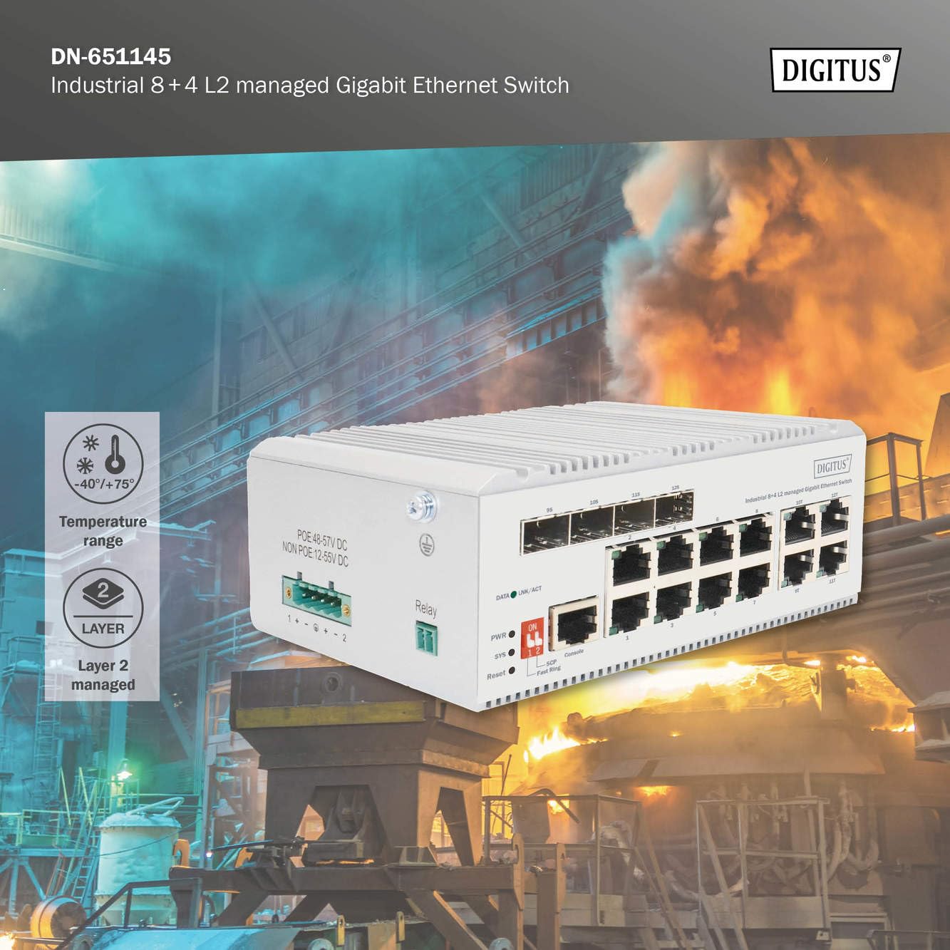 DIGITUS 8 Port Gigabit Ethernet Netzwerk Switch Industrial L2 managed 4 SFP Uplink