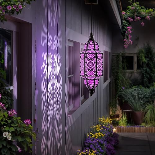 Miniatura 6 de Paquete de 2 luces solares colgantes para jardín, farol solar decorativo para exteriores, impermeables, de metal, marroquí, decoraciones al aire
