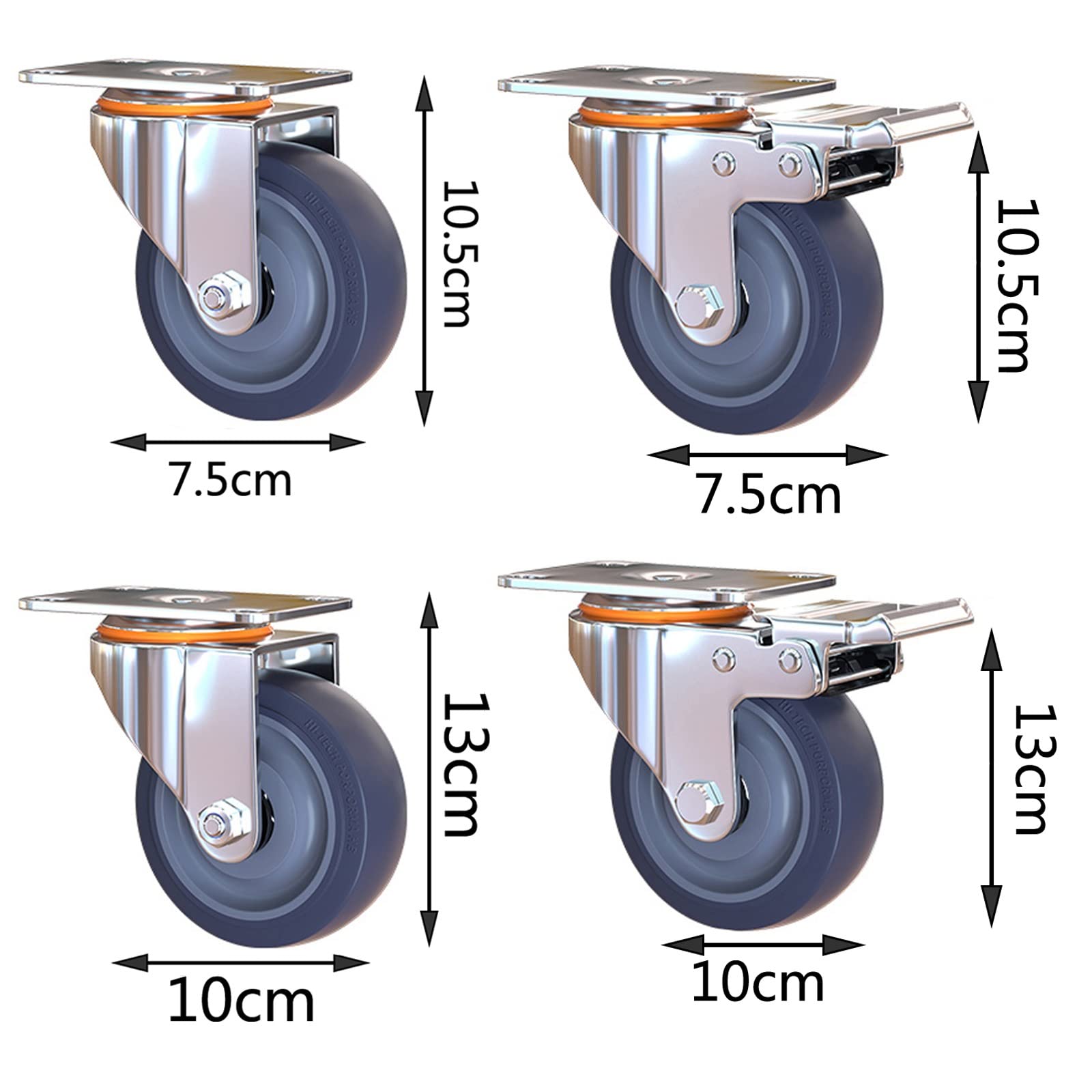 HJXGQJM Ruote Pivottanti in Gomma,pivontanti con Freno Girevoli Ruotabili A 360° Rotelle Piroettanti, 2 Ruote con Freno + 2 Ruote Girevoli,Blu Rotelle girevoli(7.5cm)