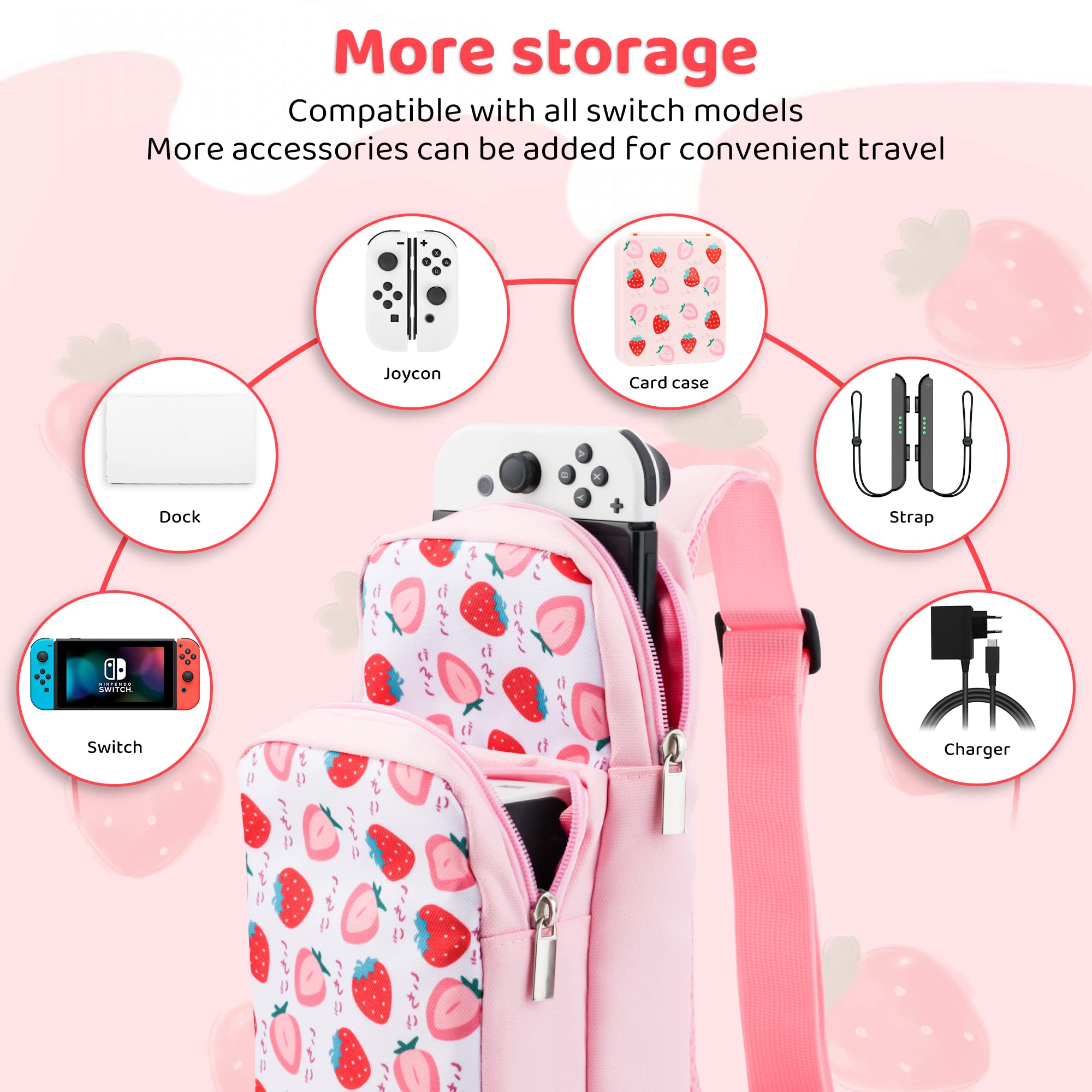 FUNDIARY Sac de voyage pour Nintendo Switch, OLED et Lite, sac à bandoulière portable pour Switch, sac à dos à bandoulière avec étui de jeu et 2 capuchons de pouce – Rose fraise