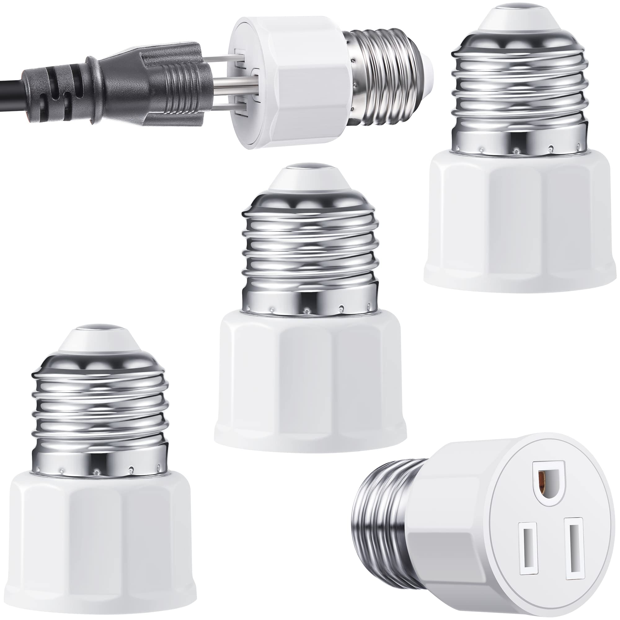 4 Packs E26/ E27 3 Prong Light Bulb Socket Adapter, Polarized Light Socket Outlet, Lights Sockets to Plug Adapter Sockets Converter, Lights Bulb Plug Adapters for Patio, Garage, Porch, White