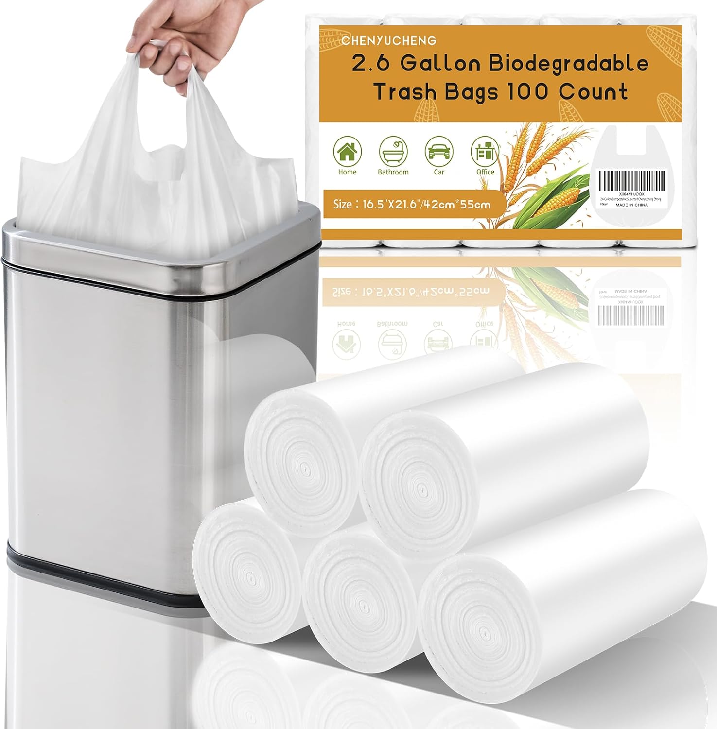2.6 Gallon Compostable Small White Trash-Bags-Bathroom – Biodegradable Mini Garbage Bags With Handle 100 Count Tiny Waste Basket Liners For Kitchen Office Car Unscented Chenyucheng Strong
