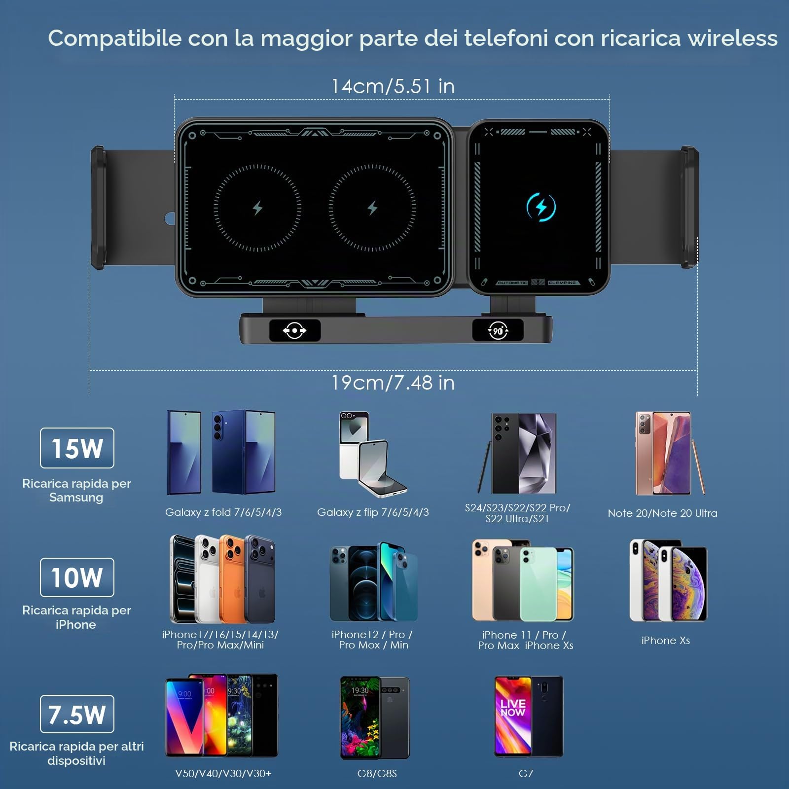 Supporto per cellulare auto per Galaxy Z Fold 7 6 5 4 3 2 con funzione di ricarica 15 W Dual Coils QC 3.0 Fast Wireless Charger Auto per Z Fold può ruotare automaticamente il supporto auto