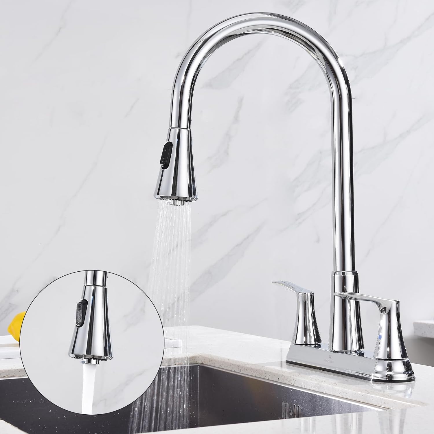 HOMELODY 2 Handles Kitchen Faucet with Pull Down Sprayer for 3 Hole Sink, 8 inch 360° Rotating Spout Centerset Kitchen Sink Faucet with Water Lines Chrome