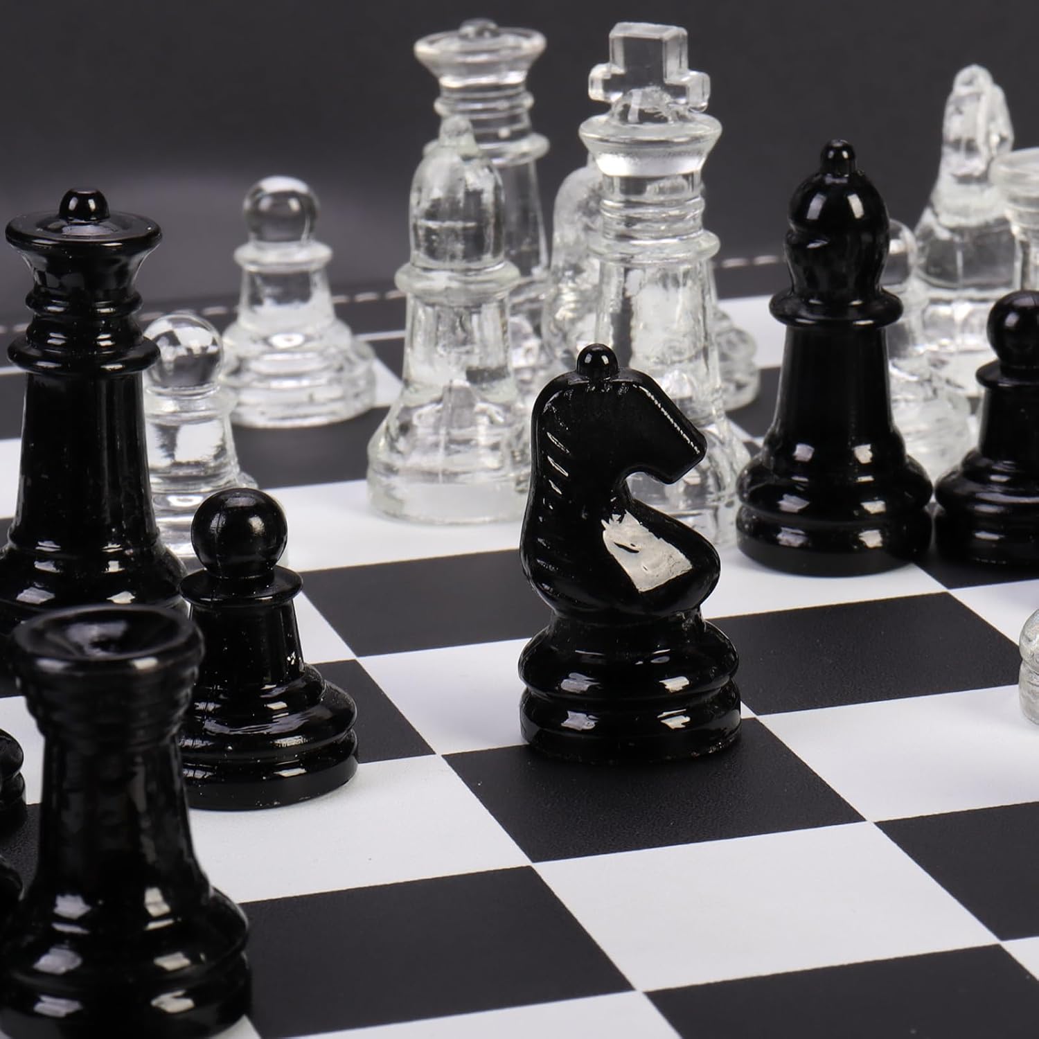 Glass Chess Set Game, 2 Extra Queens, with 13.2" Leather Storage Box and Chessboard,Board Game for Kids and Adults