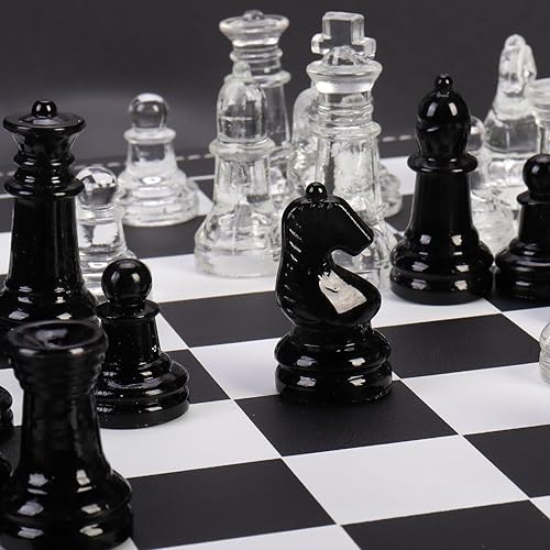 Miniatura 4 de Juego de ajedrez de cristal, 2 reinas adicionales, con caja de almacenamiento de cuero de 13.2 pulgadas y tablero de ajedrez, juego de mesa para