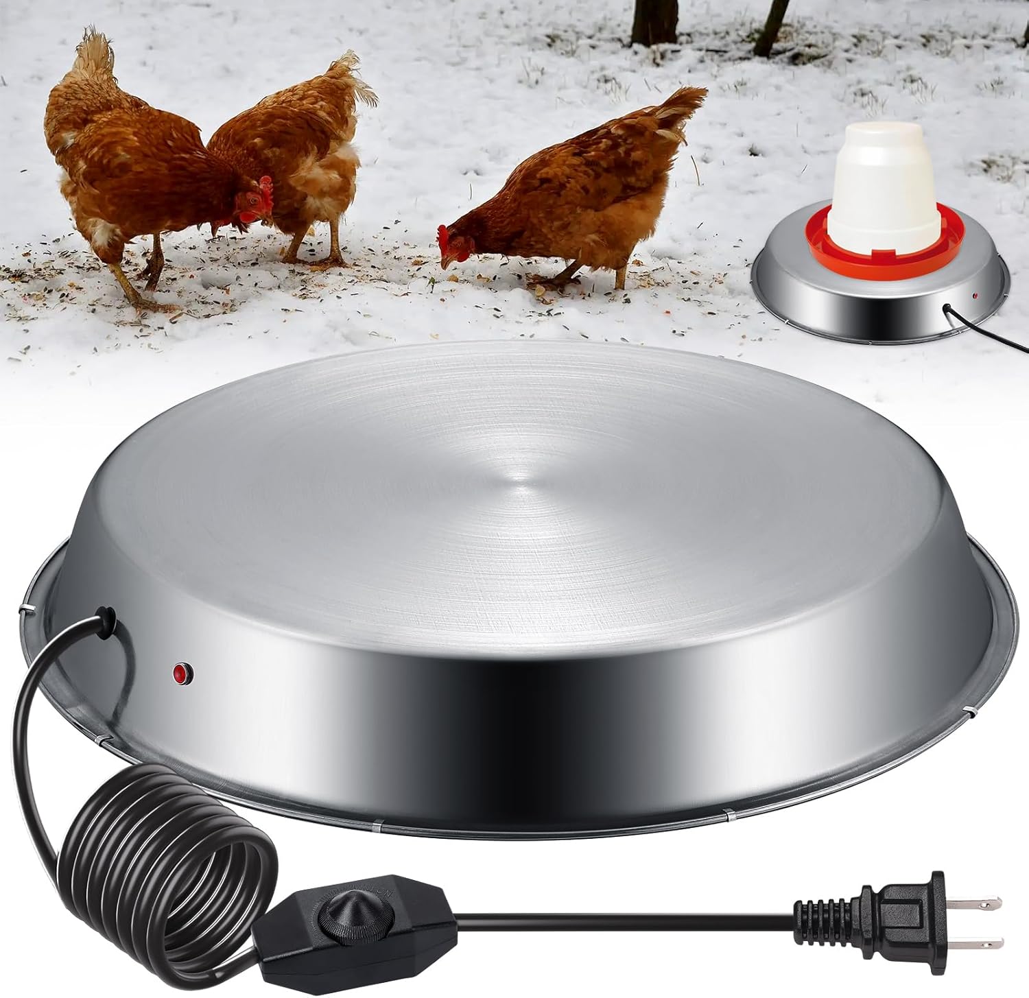 Large Chicken Water Heater Base, 15" Metal Heated Chicken Waterer 5 Gallon, Freeze Proof Chickens Coop Winter Deicer Heated Base, Poultry Drinker Heater Base for Outdoor Coops & Cold Winter