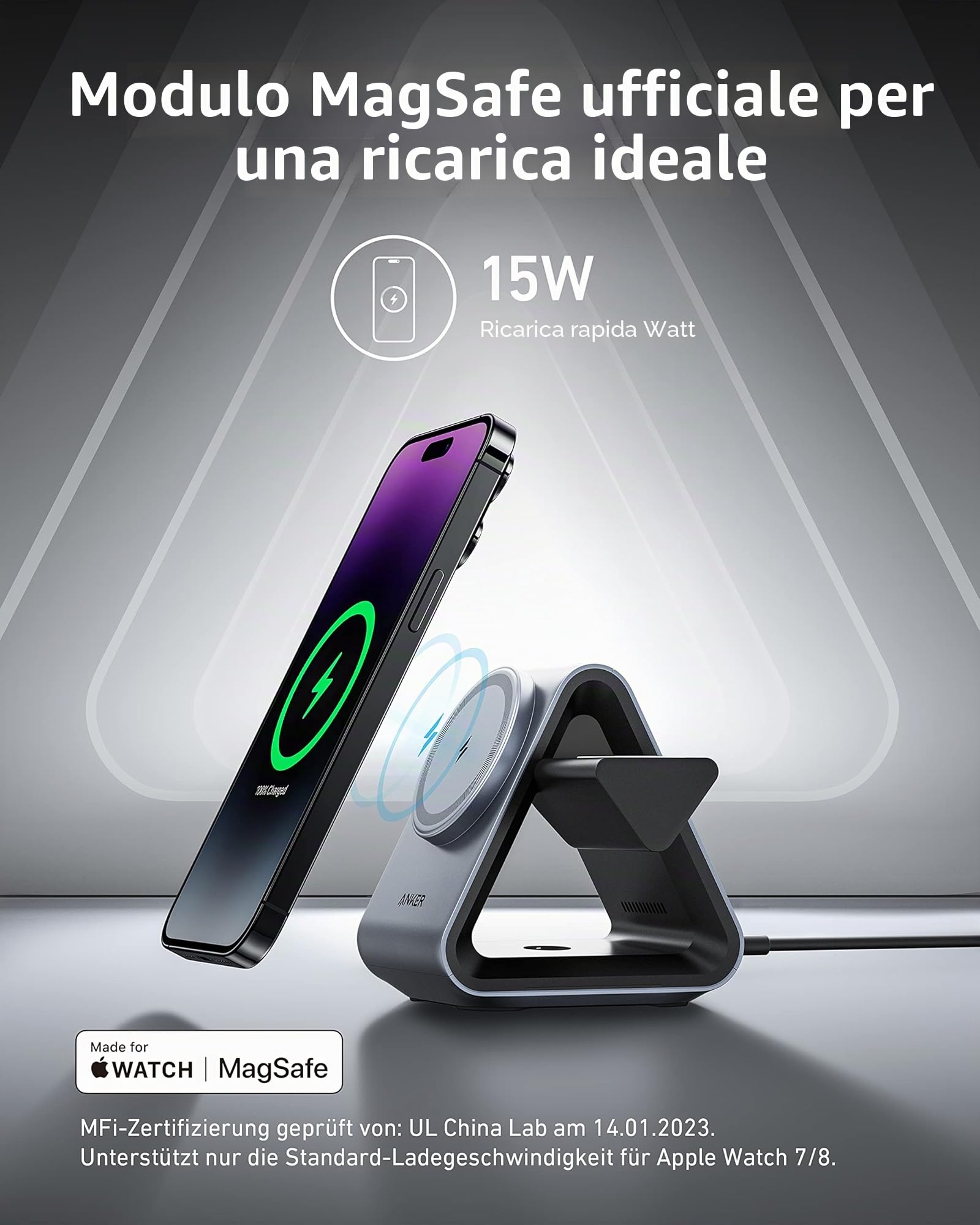 MagSafe, Anker 737 MagGo Charger (stazione 3 in 1) con ricarica rapida 15 W Max certificata MFi, per iPhone 14/13/12 Series, Apple Watch S8/7/6, AirPods 3/Pro (caricatore USB-C 30 W incluso)