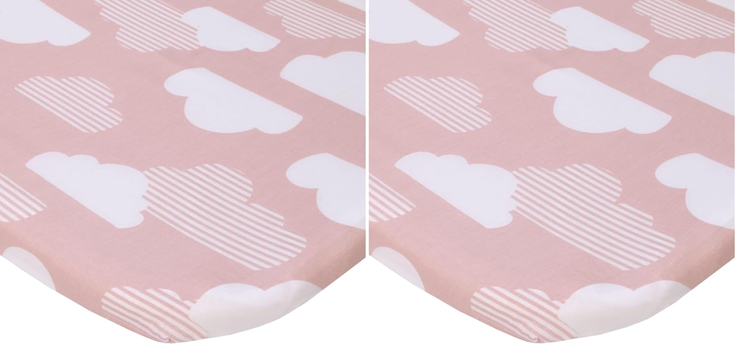 NoJo Skip Hop Cozy-Up 2-in-1 Bedside Sleeper Pink and White Clouds 100% Cotton Fitted Bassinet Sheet (Pack of 2)